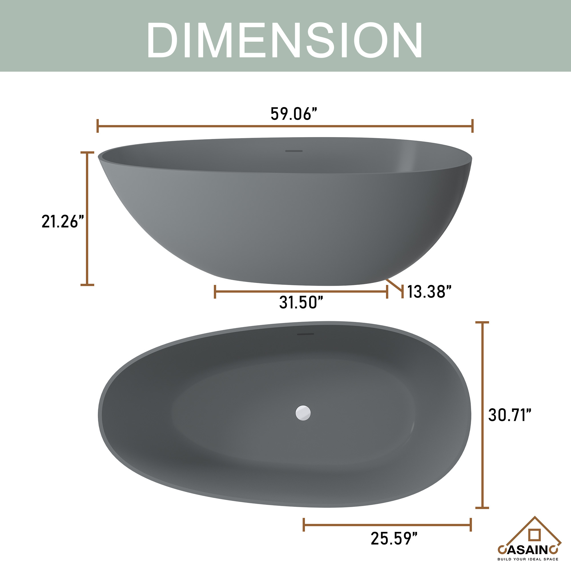 59" Solid Surface Freestanding Bathtub in (Matte Black& Grey)