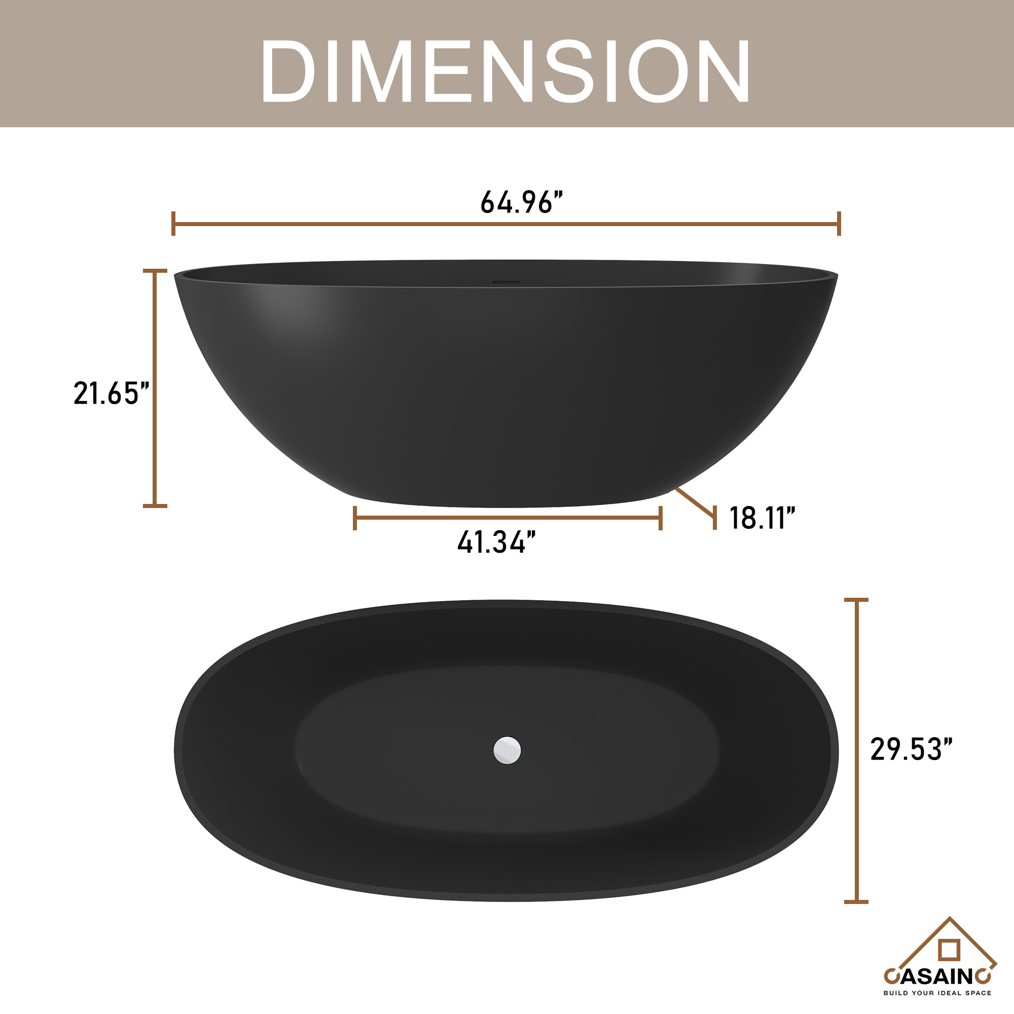 65" Solid Surface Freestanding Bathtub in (Matte Black& Grey)