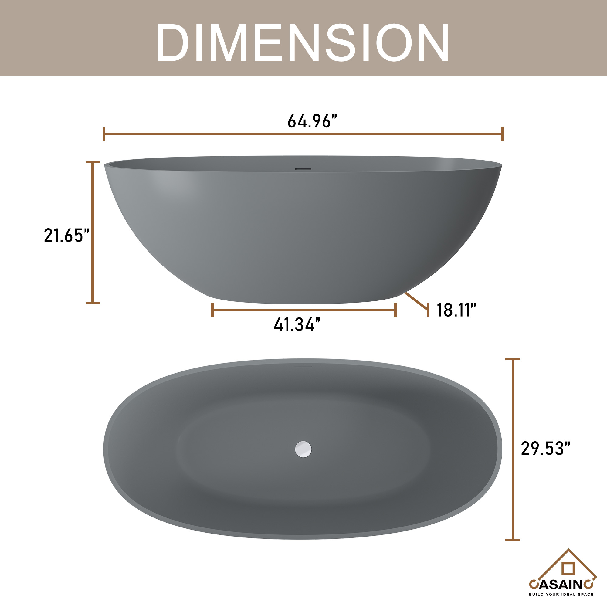 65" Solid Surface Freestanding Bathtub in (Matte Black& Grey)