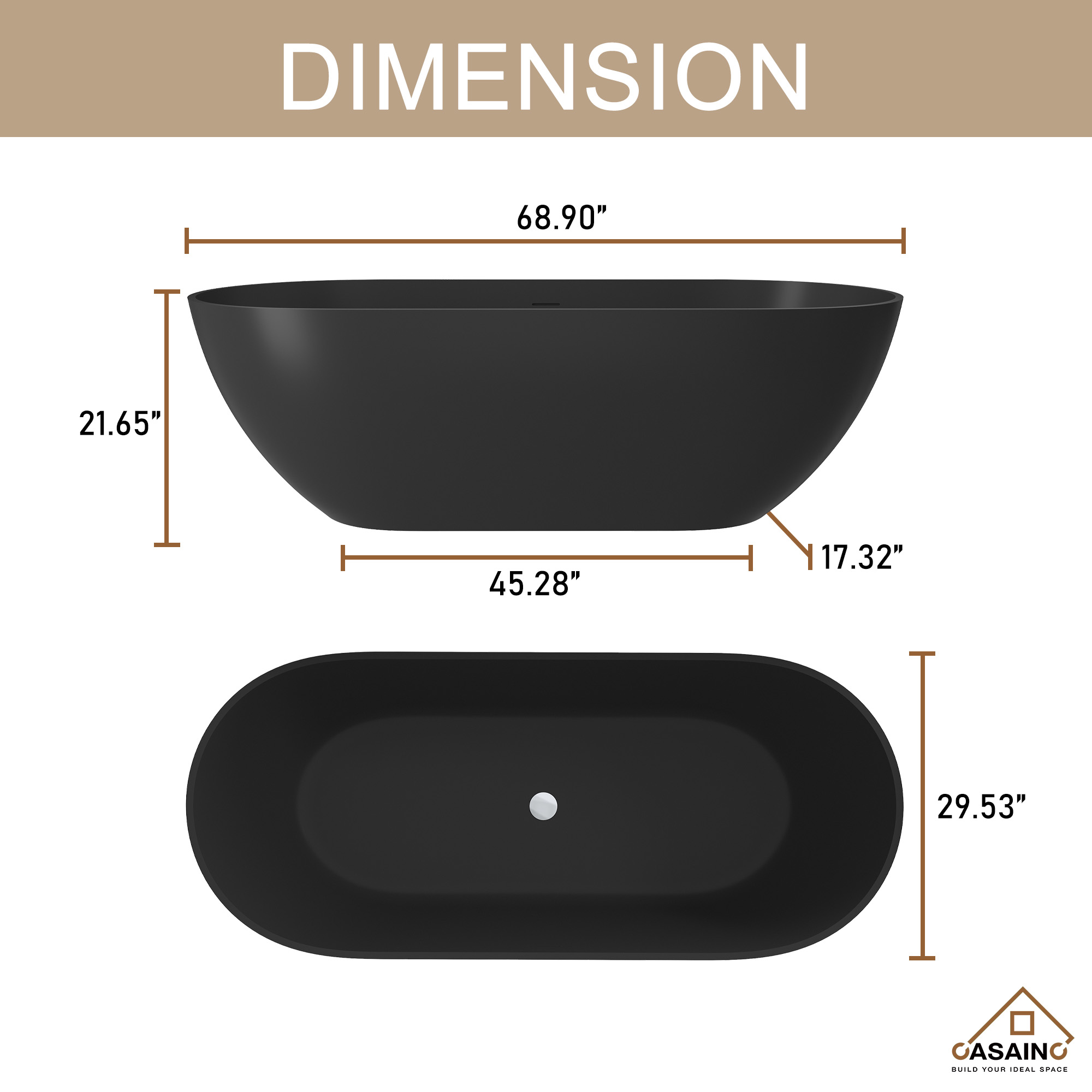 59"/69"Solid Surface Freestanding Bathtub in (Matte Black& Grey)