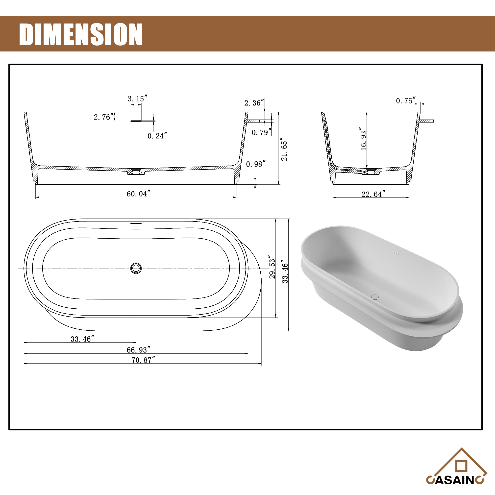 CASAINC 71" Solid Surface Freestanding Bathtub,Oval shape Stone Resin Freestanding Tubs with Overflow and  Drain, Matte White