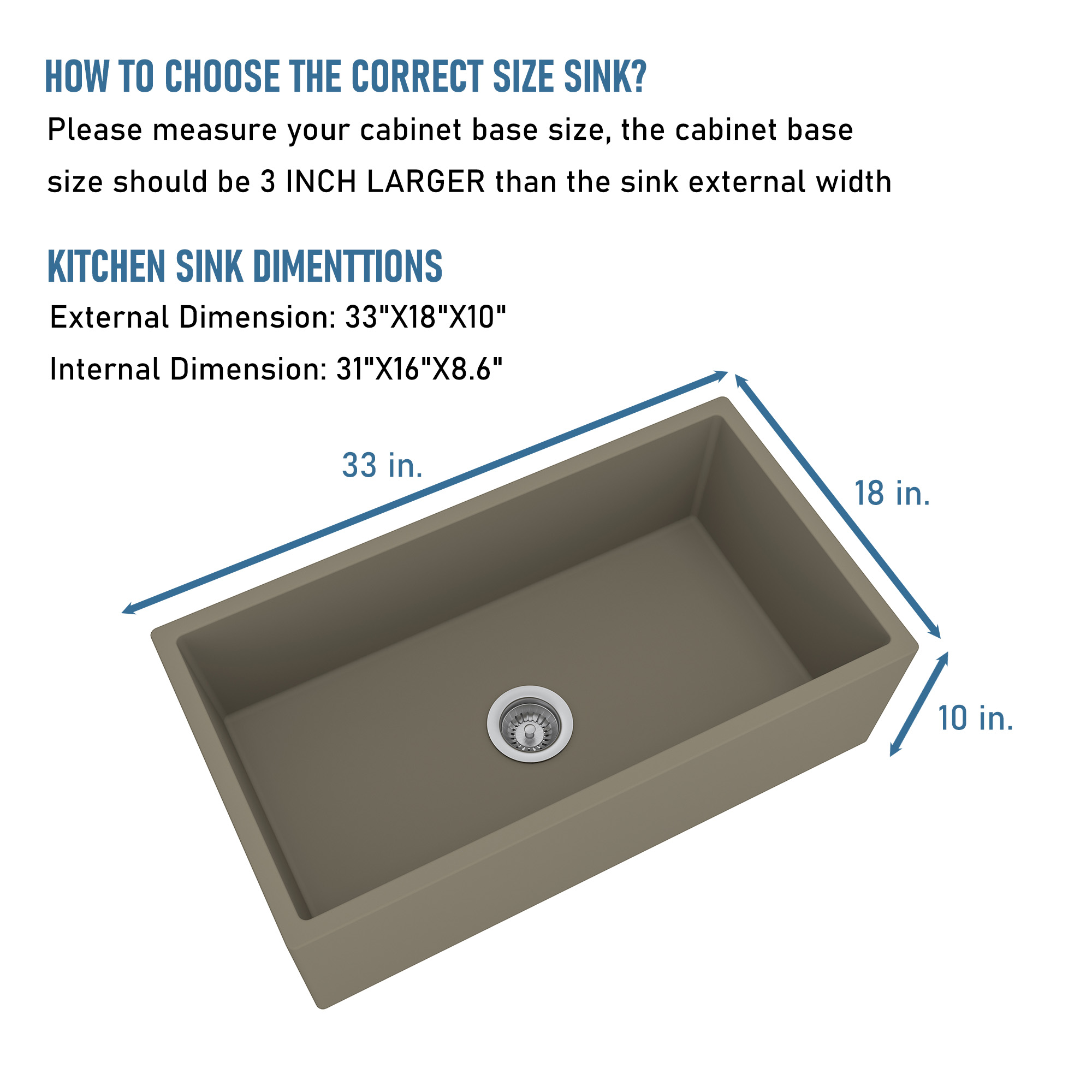 Concrete 33 in. Single Bowl Farmhouse Apron Kitchen Sink with Bottom Grid and Drainer Black Earth/Taupe Clay