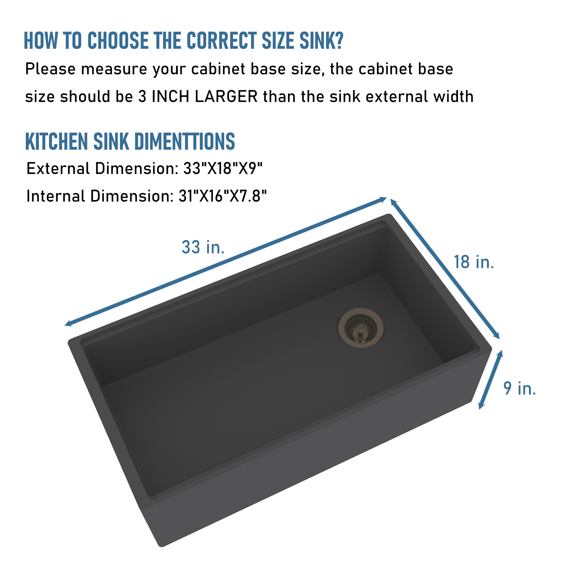 Concrete 33 in. Single Bowl Farmhouse Apron Kitchen Sink with Cutting Board, Rolling Drying Rack, Grid and Drainer Black Earth/Cold Concrete Grey