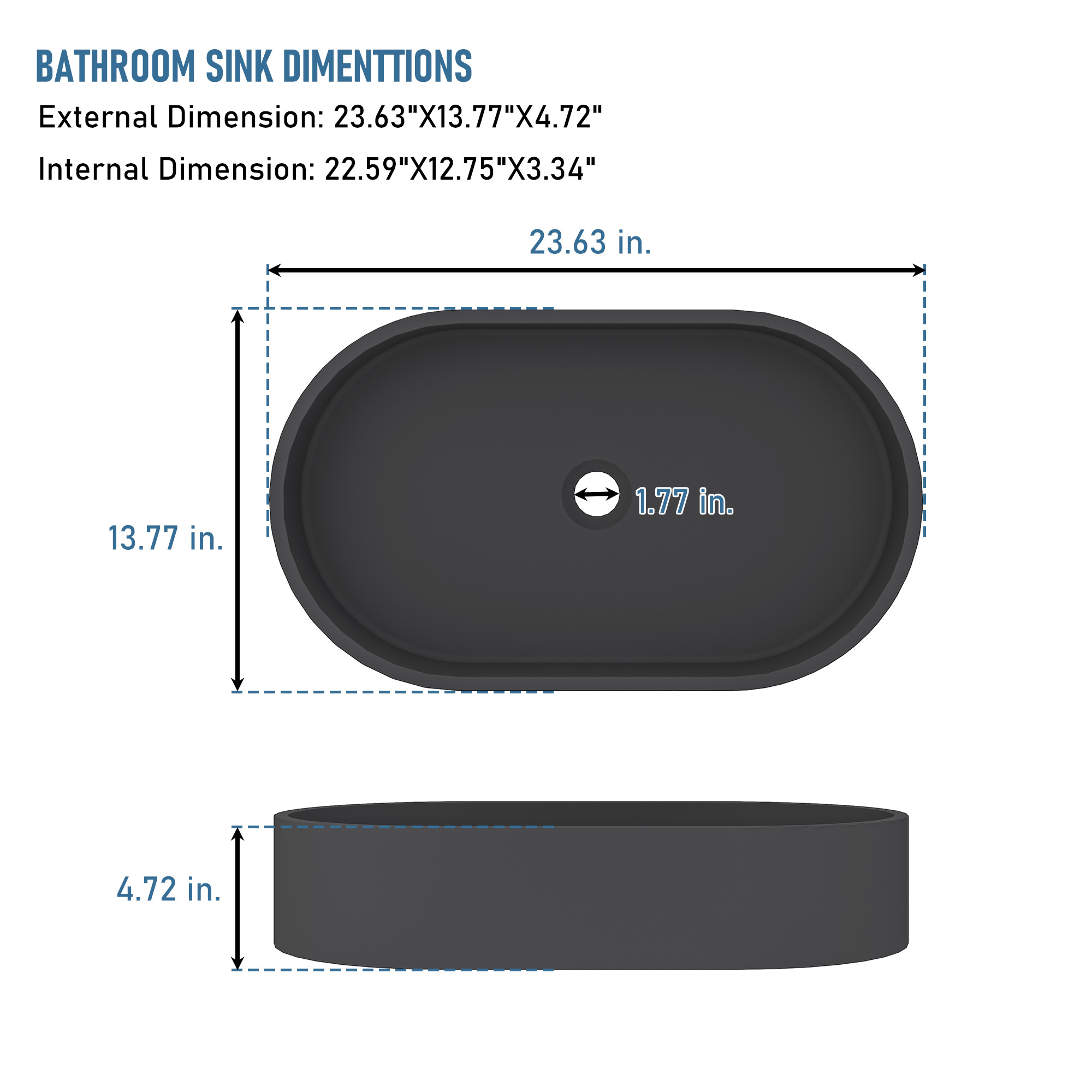 Concrete Oval Vessel Sink Bathroom Art Basin with the Same Color Drainer Black Earth / Mottled Bluish Grey / Cold Concrete Grey