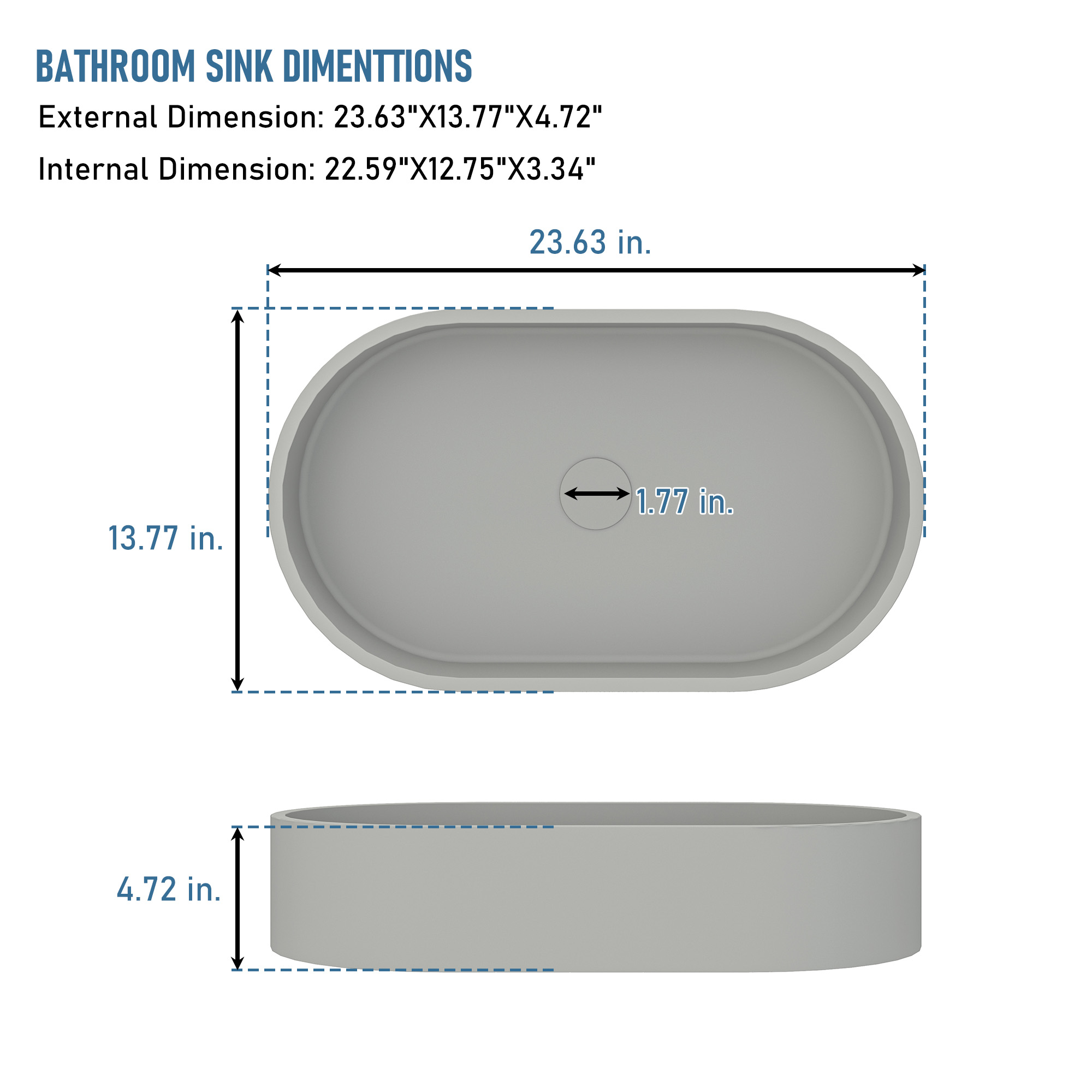 Concrete Oval Vessel Sink Bathroom Art Basin with the Same Color Drainer Black Earth / Mottled Bluish Grey / Cold Concrete Grey