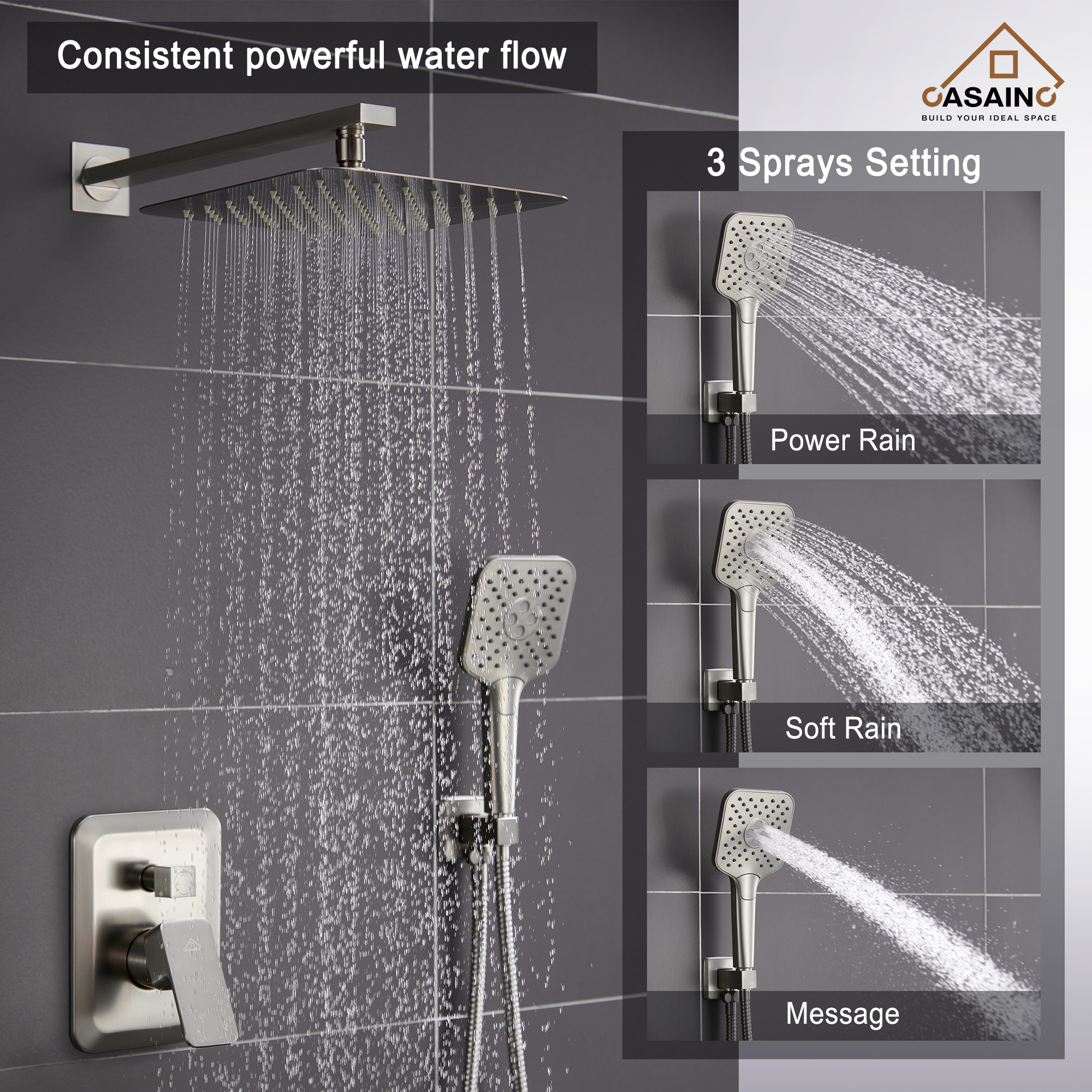 CASAINC 10 inch Square Wall-mounted rain shower faucet with pressure balanced valve