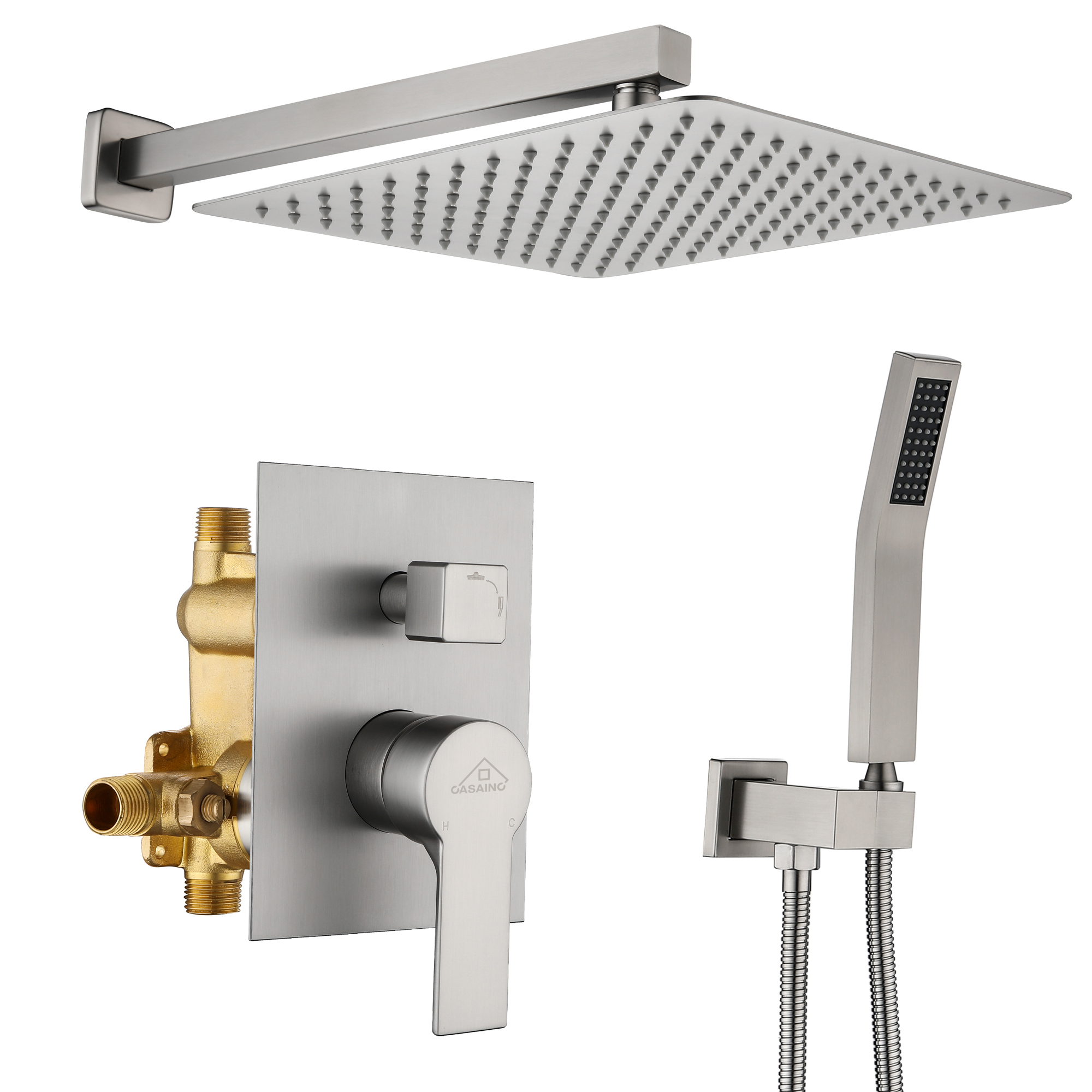 12-in Wall Mounted Shower System with Rough-In Valve Body and Trim (Brushed Nickel) suit for different bathroom size and styles