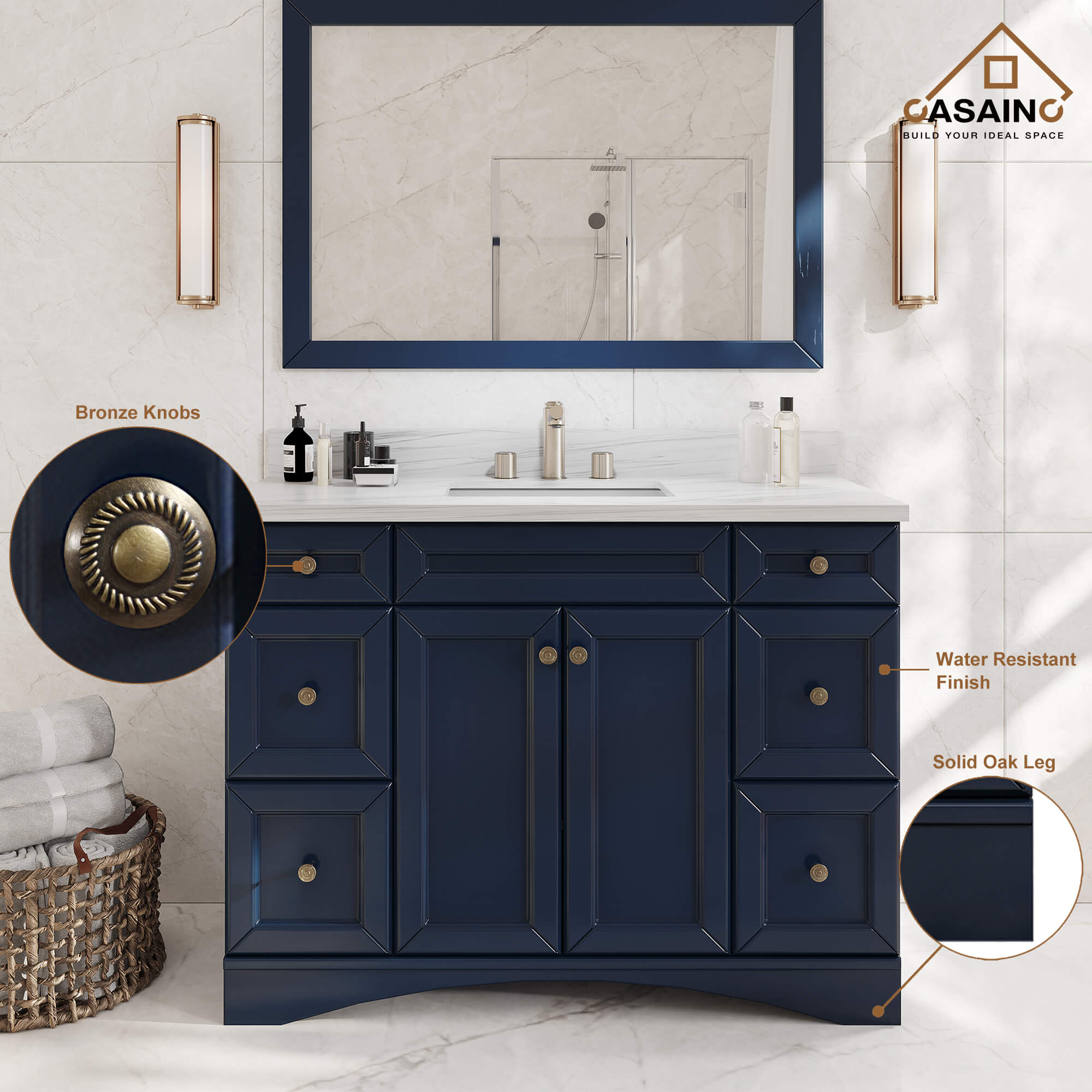 CASAINC 48 x 22 x 35.4 in. Solid Wood Navy Blue Bath Vanity with Carrara White Marble Countertop (No/With Mirror)