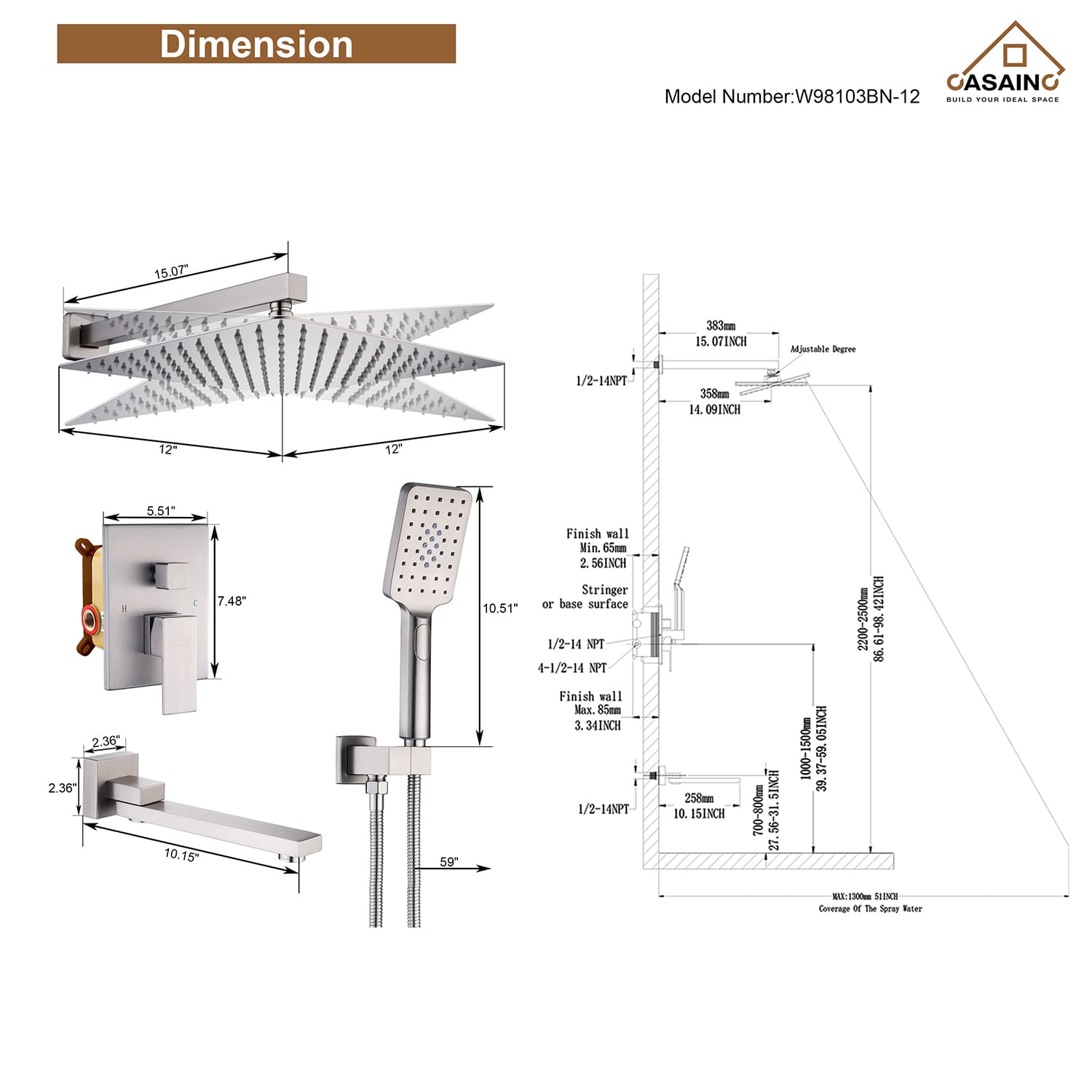 CASAINC Shower System with Rain Shower and Handheld and Tub Faucet Shower Set 