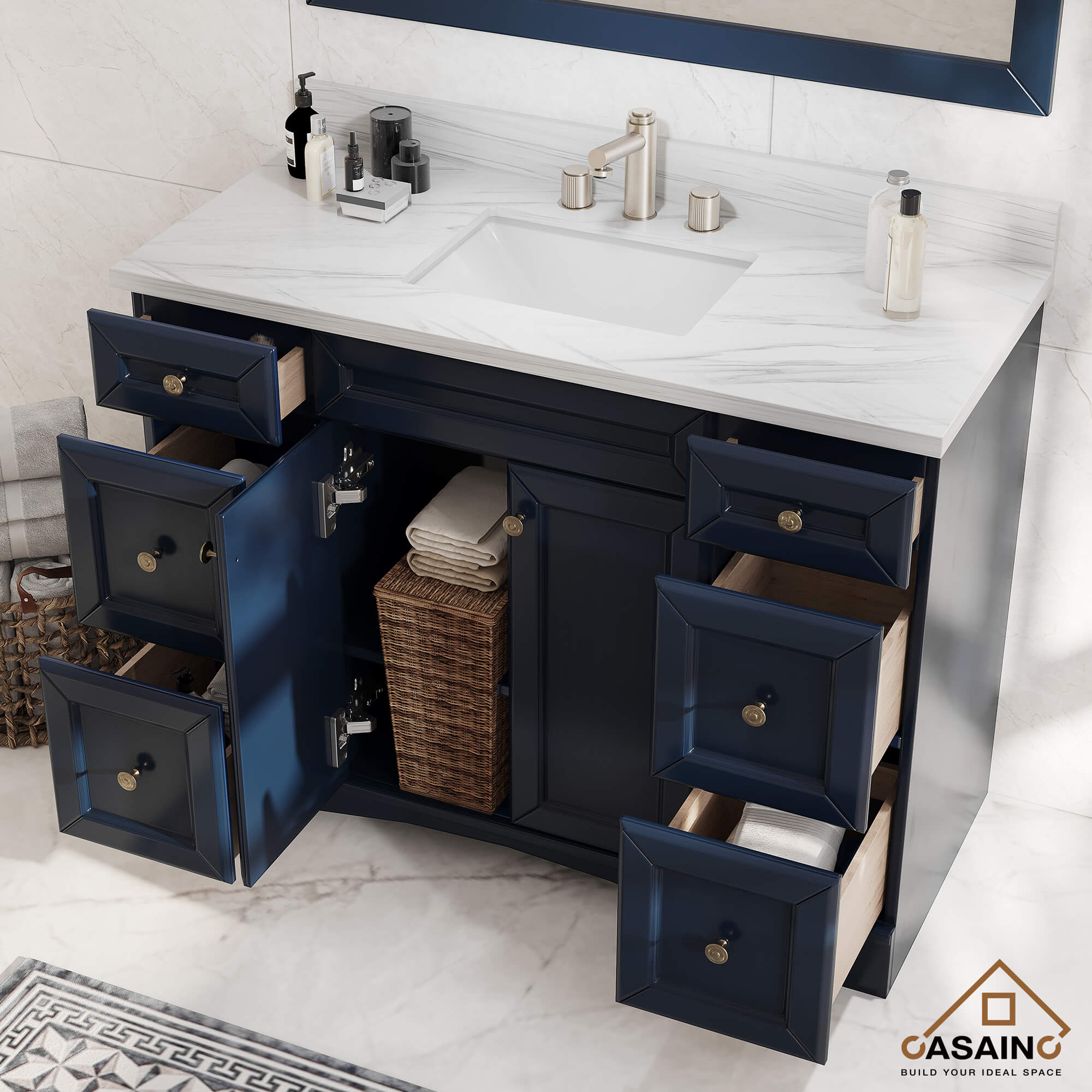 CASAINC 48 x 22 x 35.4 in. Solid Wood Navy Blue Bath Vanity with Carrara White Marble Countertop (No/With Mirror)