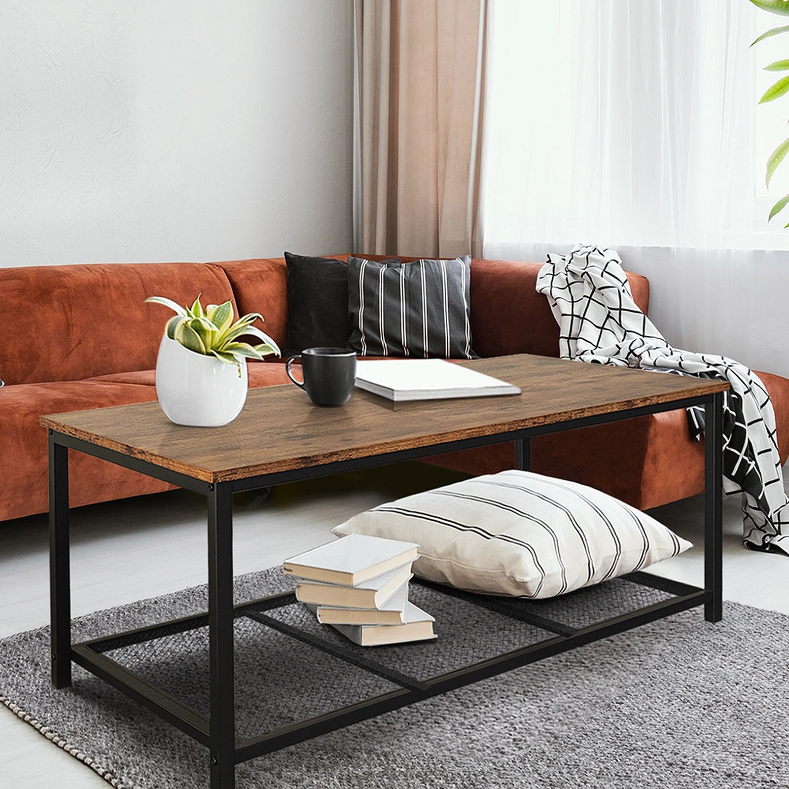 Industrial Coffee Table with Steel Frame and Storage-CASAINC