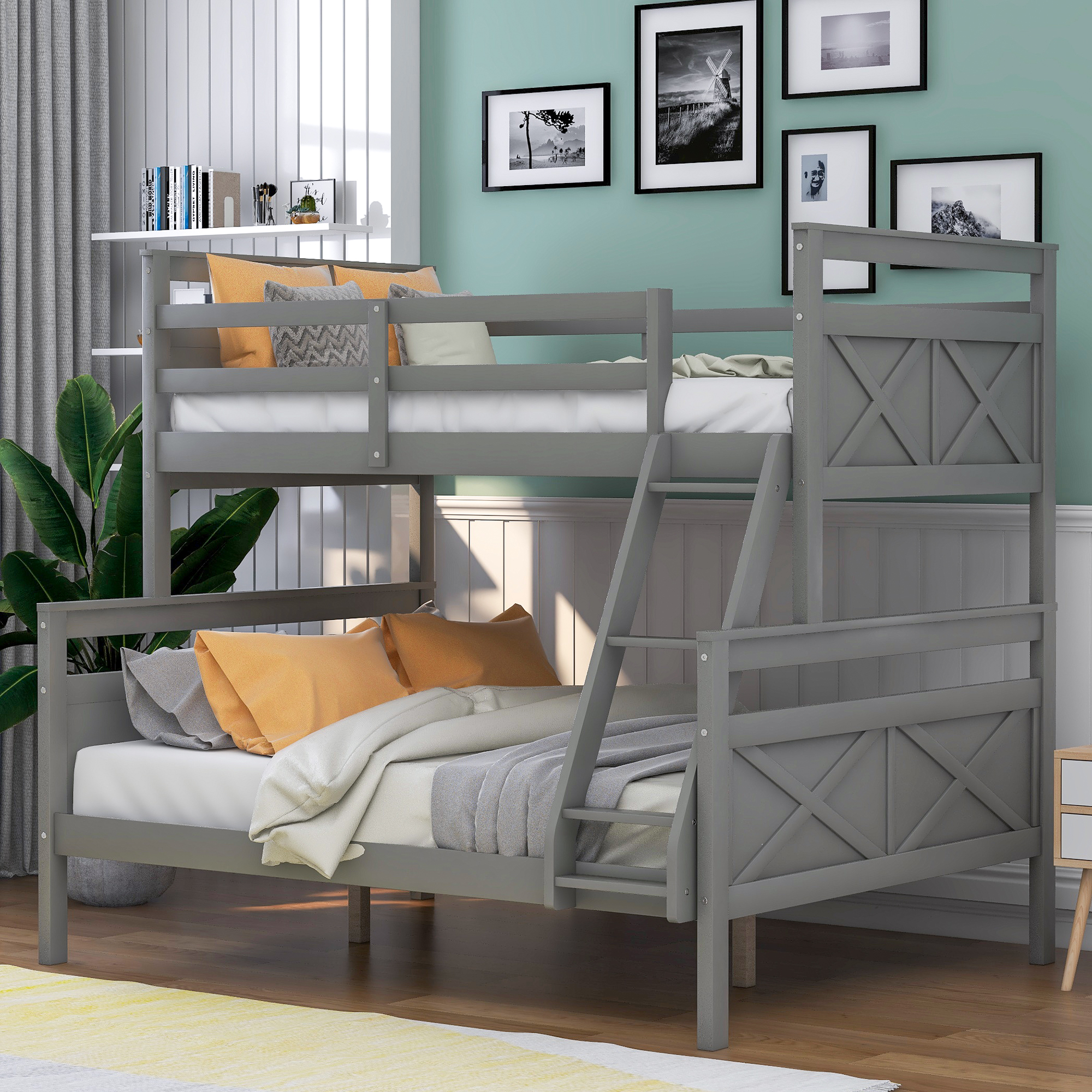 Twin over Full Bunk Bed with ladder, Safety Guardrail, Perfect for Bedroom, Gray-CASAINC