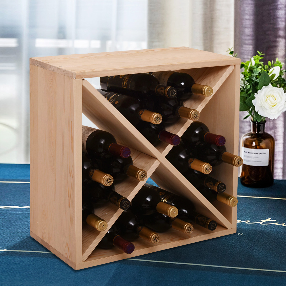 24 Bottle Modular Wine Rack, Stackable Wine Storage Cube for Bar Cellar Kitchen Dining Room, Burlywood-CASAINC