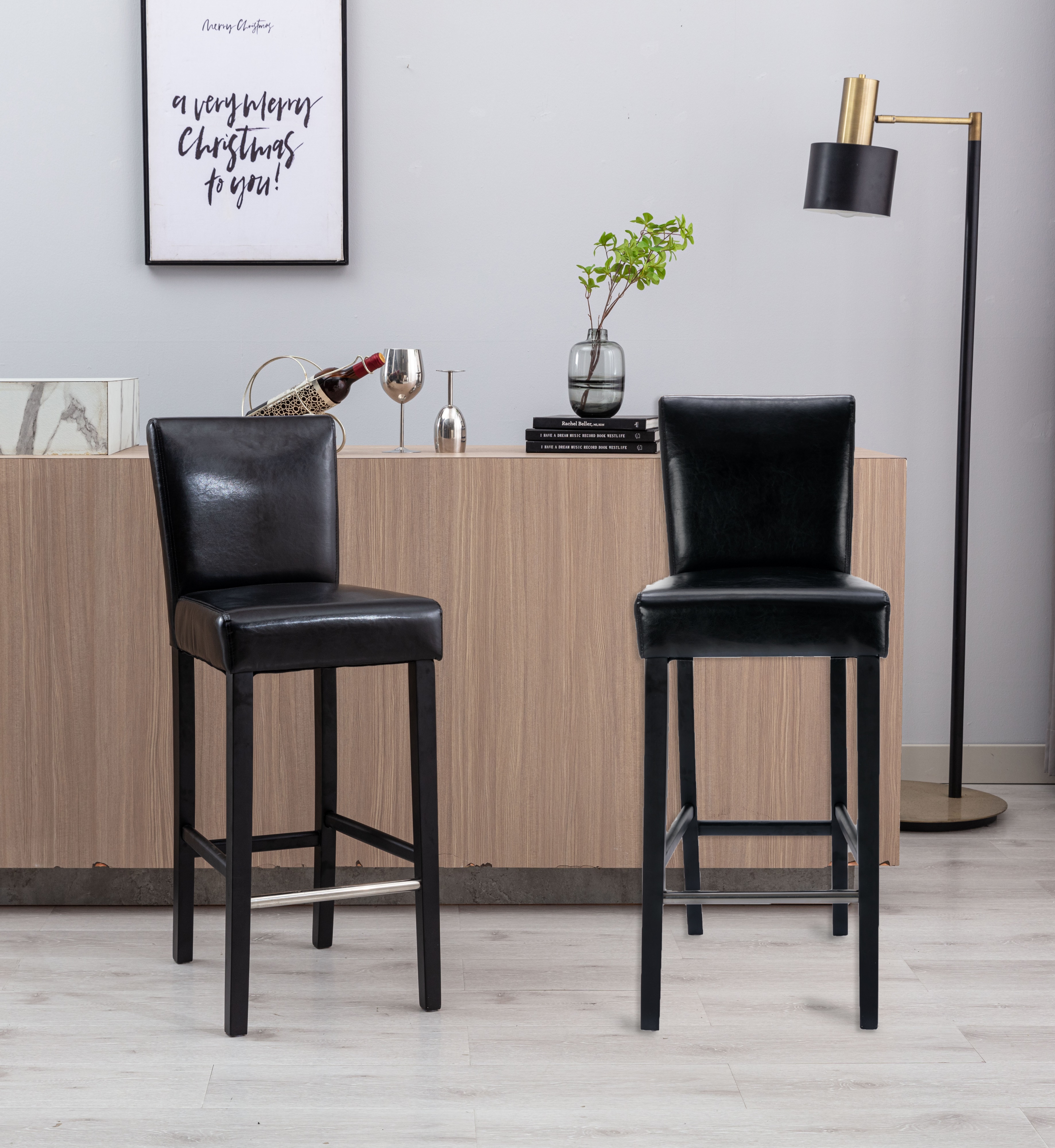 Heng Ming PULeather Upholstered Height Dining Pub Kitchen Counter Chair,Set of 2, Black-CASAINC