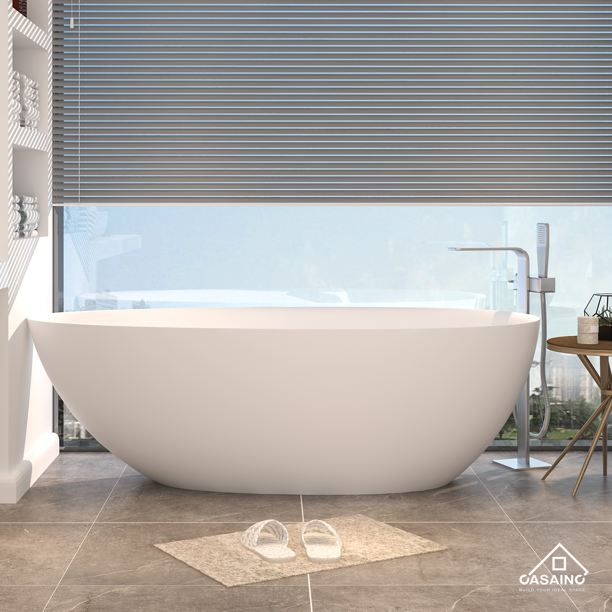 CASAINC 67" Solid Surface Freestanding Bathtub,Egg Shell Shaped Stone Resin Freestanding Tubs with Overflow and  Drain, Matte Black, Matte Grey, Matte White