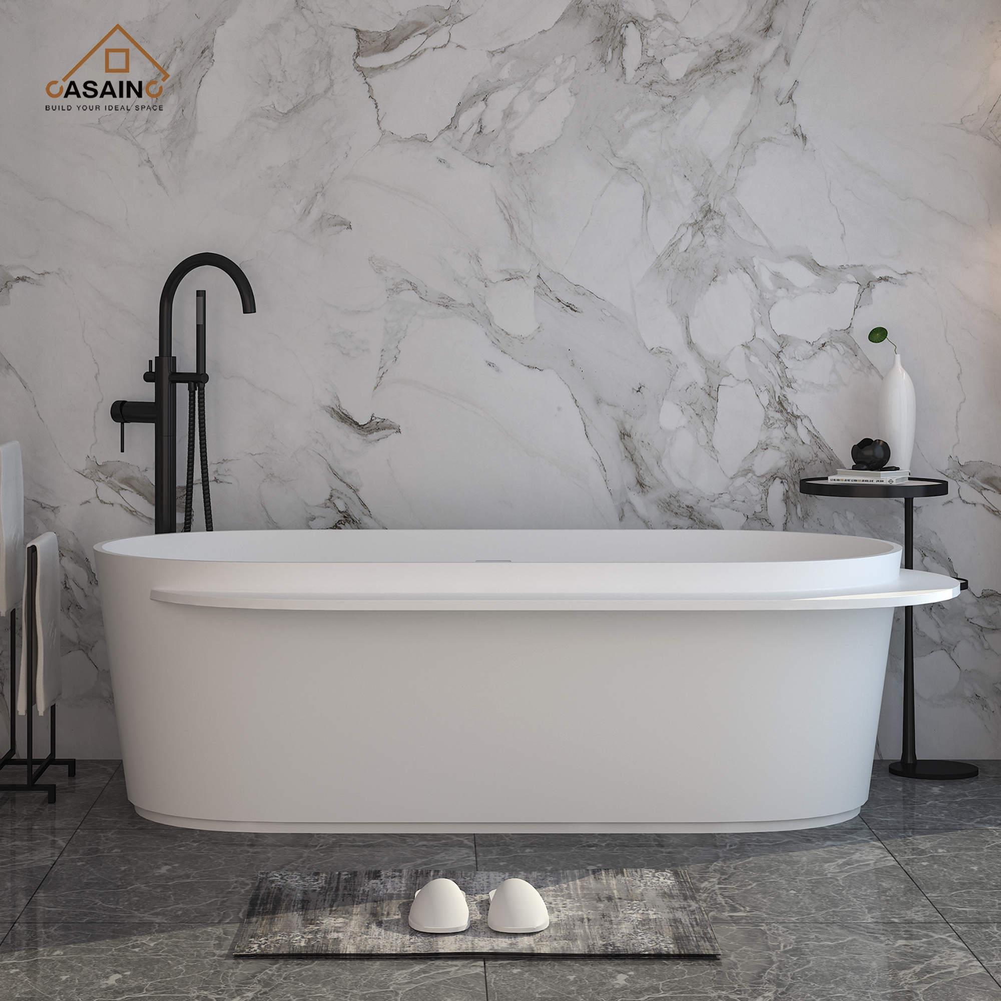 CASAINC 71" Solid Surface Freestanding Bathtub,Oval shape Stone Resin Freestanding Tubs with Overflow and  Drain, Matte White
