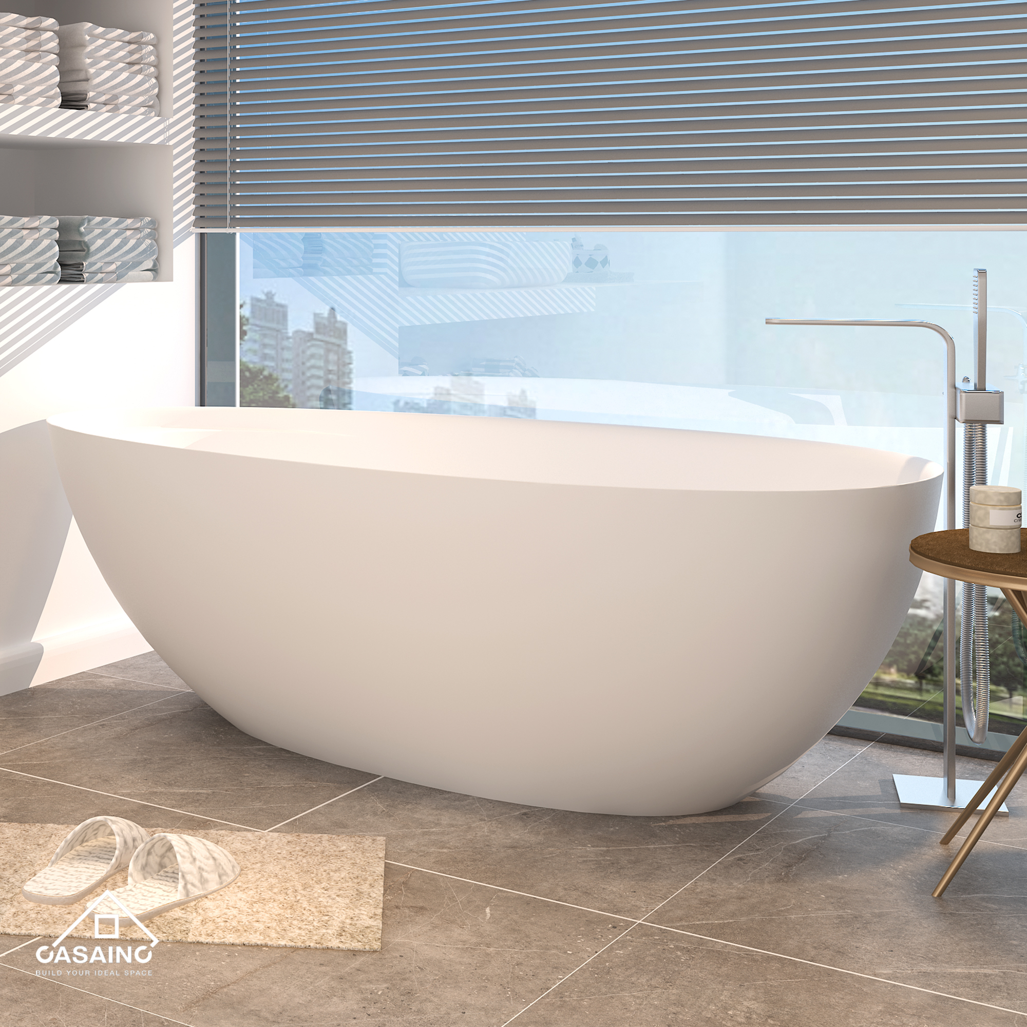 CASAINC 67" Solid Surface Freestanding Bathtub,Egg Shell Shaped Stone Resin Freestanding Tubs with Overflow and  Drain, Matte Black, Matte Grey, Matte White