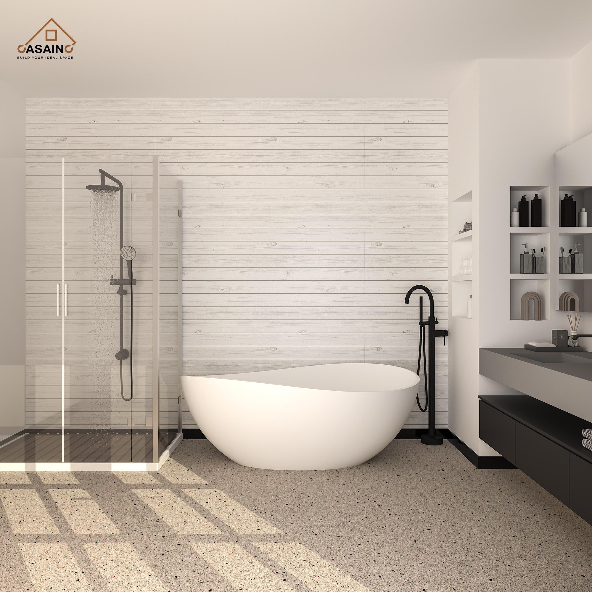 CASAINC 63" Solid Surface Freestanding Bathtub with Overflow and Drain, Matte Black, Matte Grey