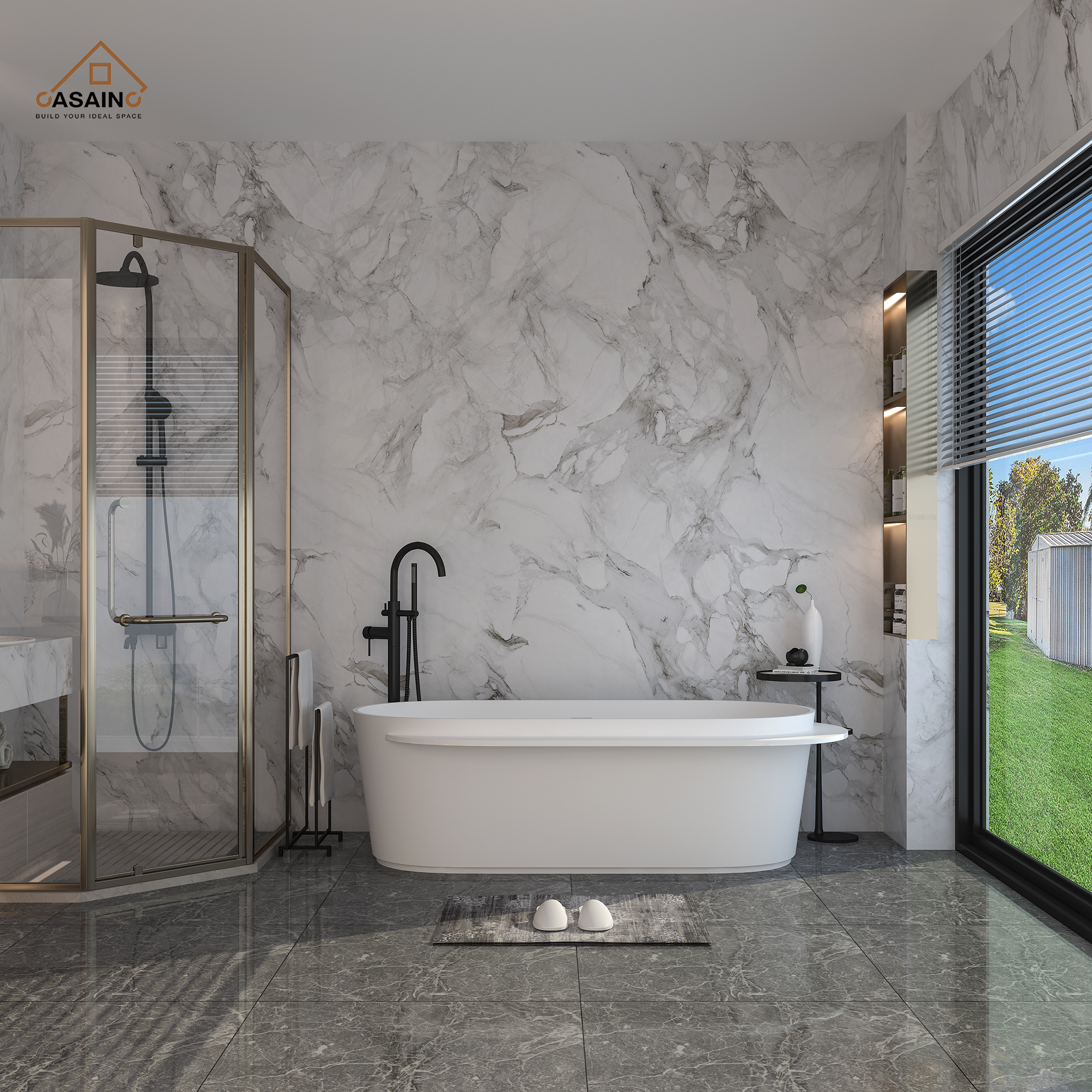 CASAINC 71" Solid Surface Freestanding Bathtub,Oval shape Stone Resin Freestanding Tubs with Overflow and  Drain, Matte White