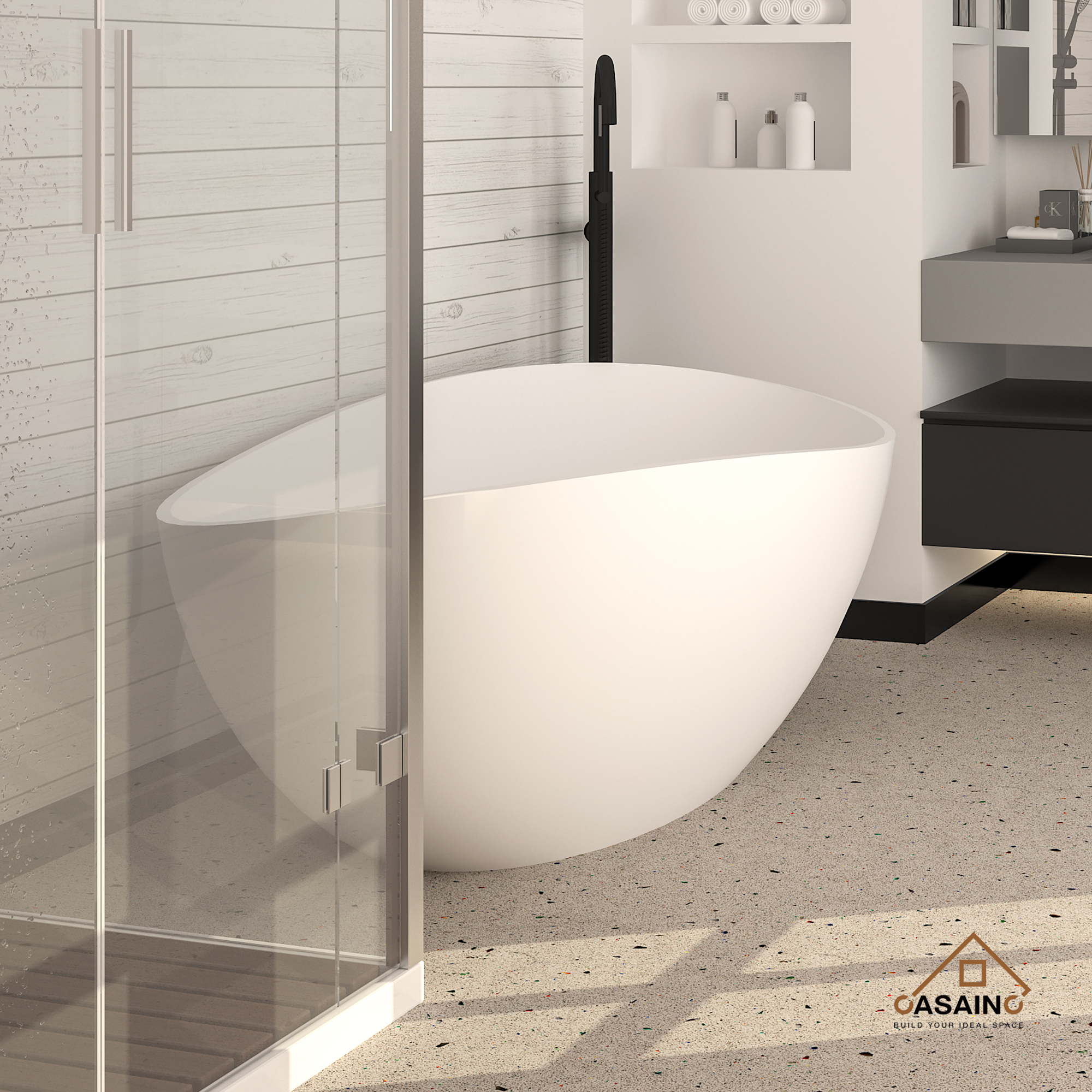 CASAINC 63" Solid Surface Freestanding Bathtub with Overflow and Drain, Matte Black, Matte Grey