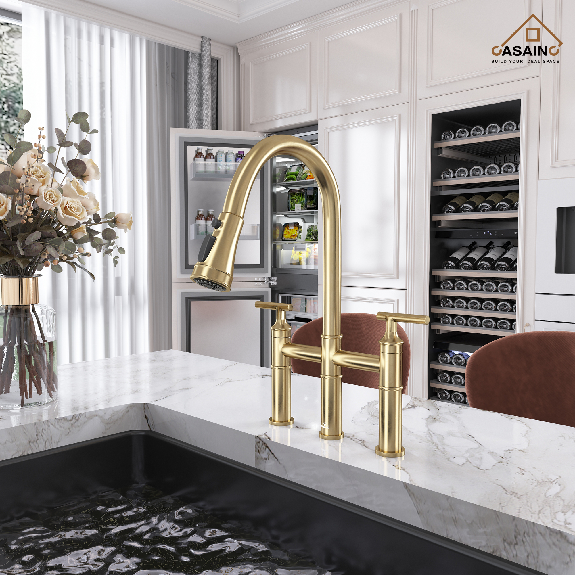 Pull-Down Bridge Kitchen Faucet in Matte Black/Brushed Nickel/Brushed Gold