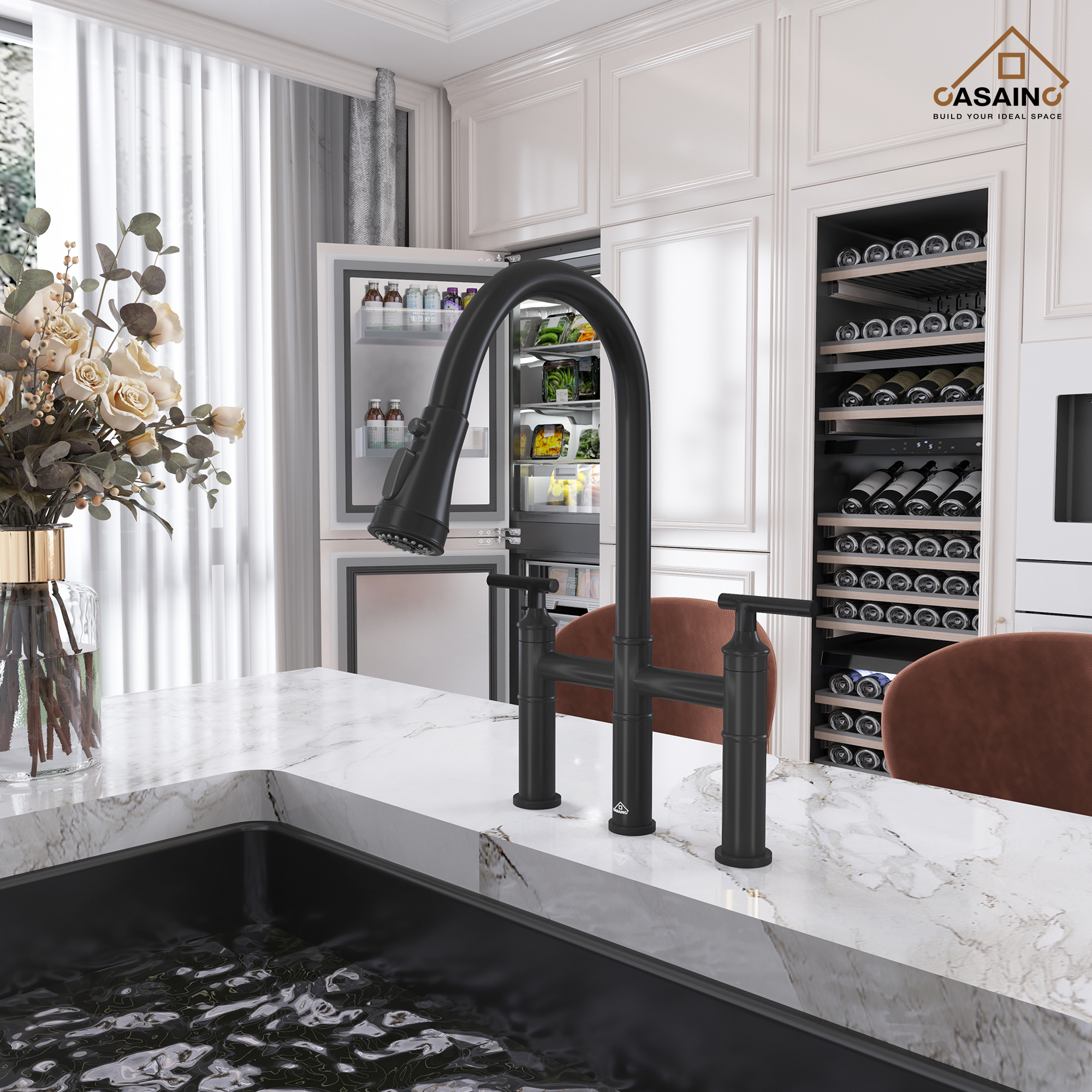 Pull-Down Bridge Kitchen Faucet in Matte Black/Brushed Nickel/Brushed Gold