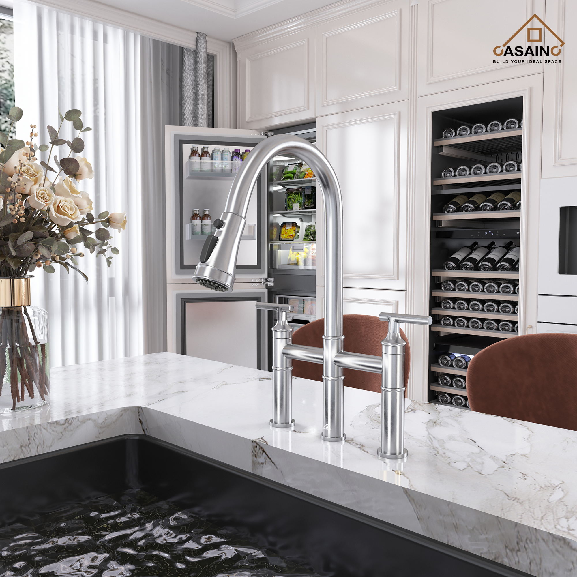 Pull-Down Bridge Kitchen Faucet in Matte Black/Brushed Nickel/Brushed Gold