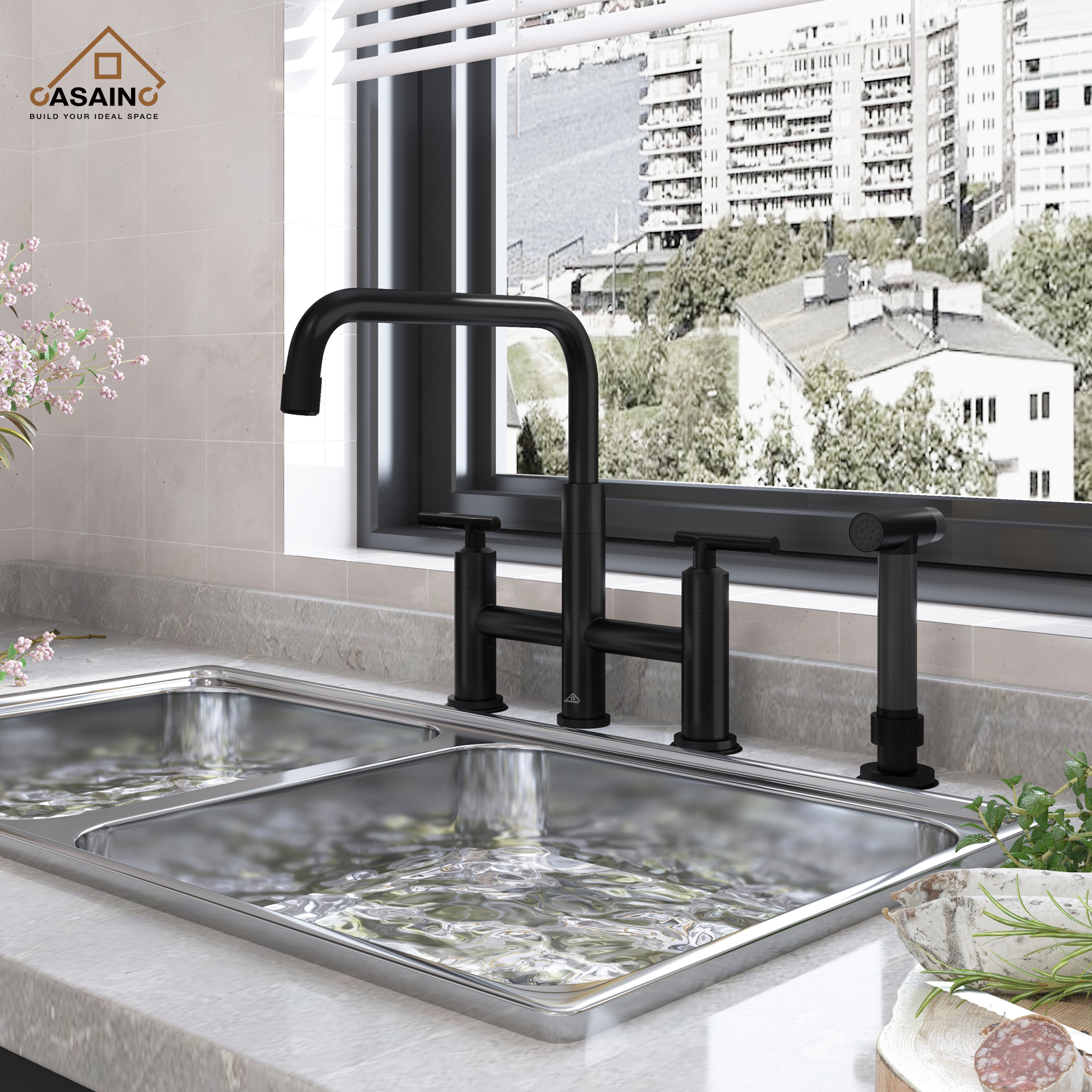 2-Handle Bridge Kitchen Faucet with Pull-Out Side Sprayer in Matte Black/Brushed Nickel/Brushed Gold