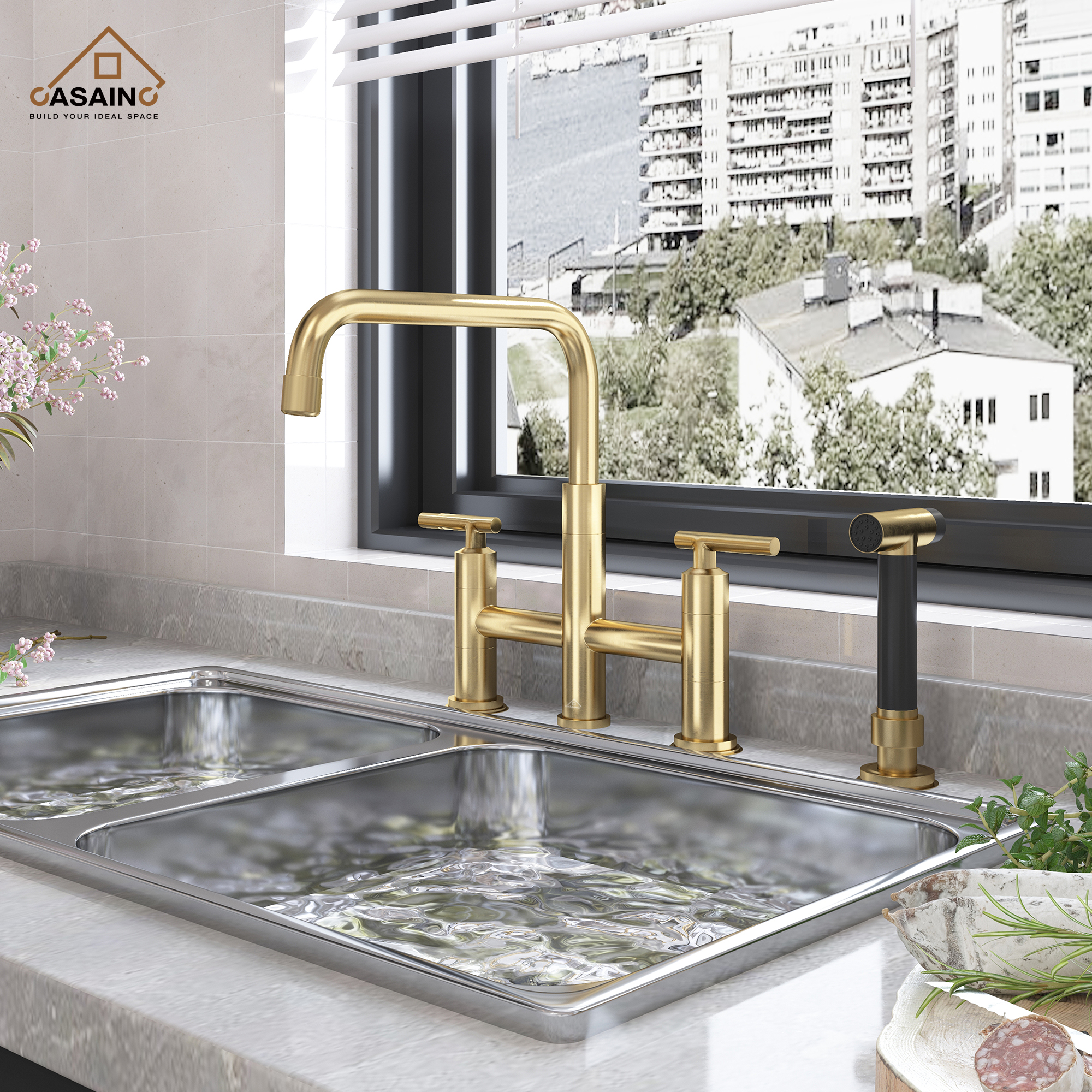 2-Handle Bridge Kitchen Faucet with Pull-Out Side Sprayer in Matte Black/Brushed Nickel/Brushed Gold