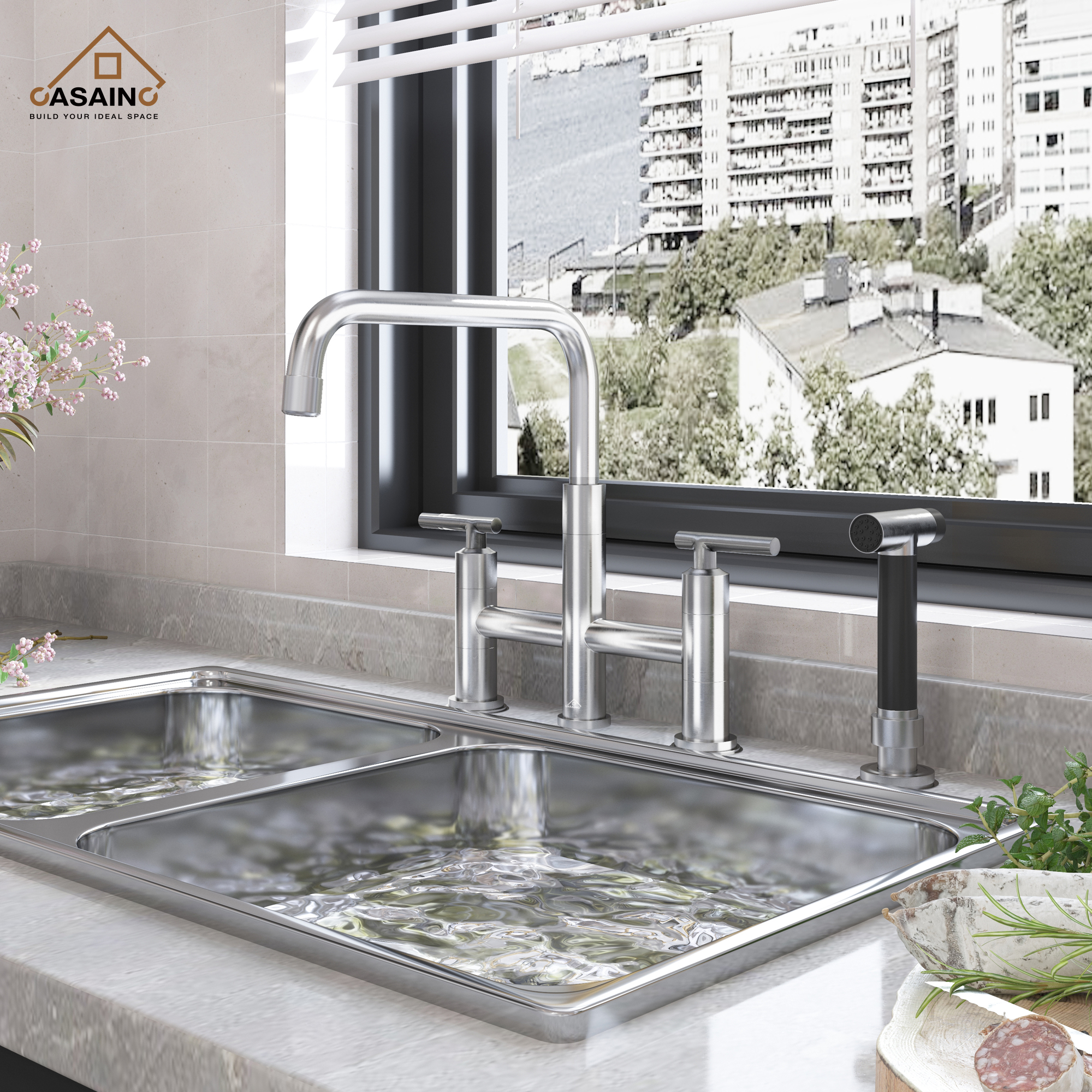 2-Handle Bridge Kitchen Faucet with Pull-Out Side Sprayer in Matte Black/Brushed Nickel/Brushed Gold