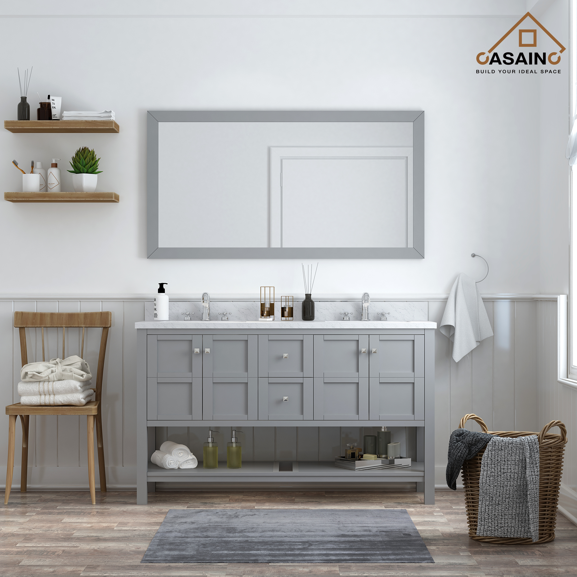 CASAINC Bathroom Vanity 60 x 22 x 35.4 with 1.2" Thickness Countertop & Backsplash, Bothe Side Rectangular Sink, 4 Soft Closing Doors, 2 Dove Tail Drawer Construction, Soft Close Drawer Hinges, Gray, White (With Mirror)
