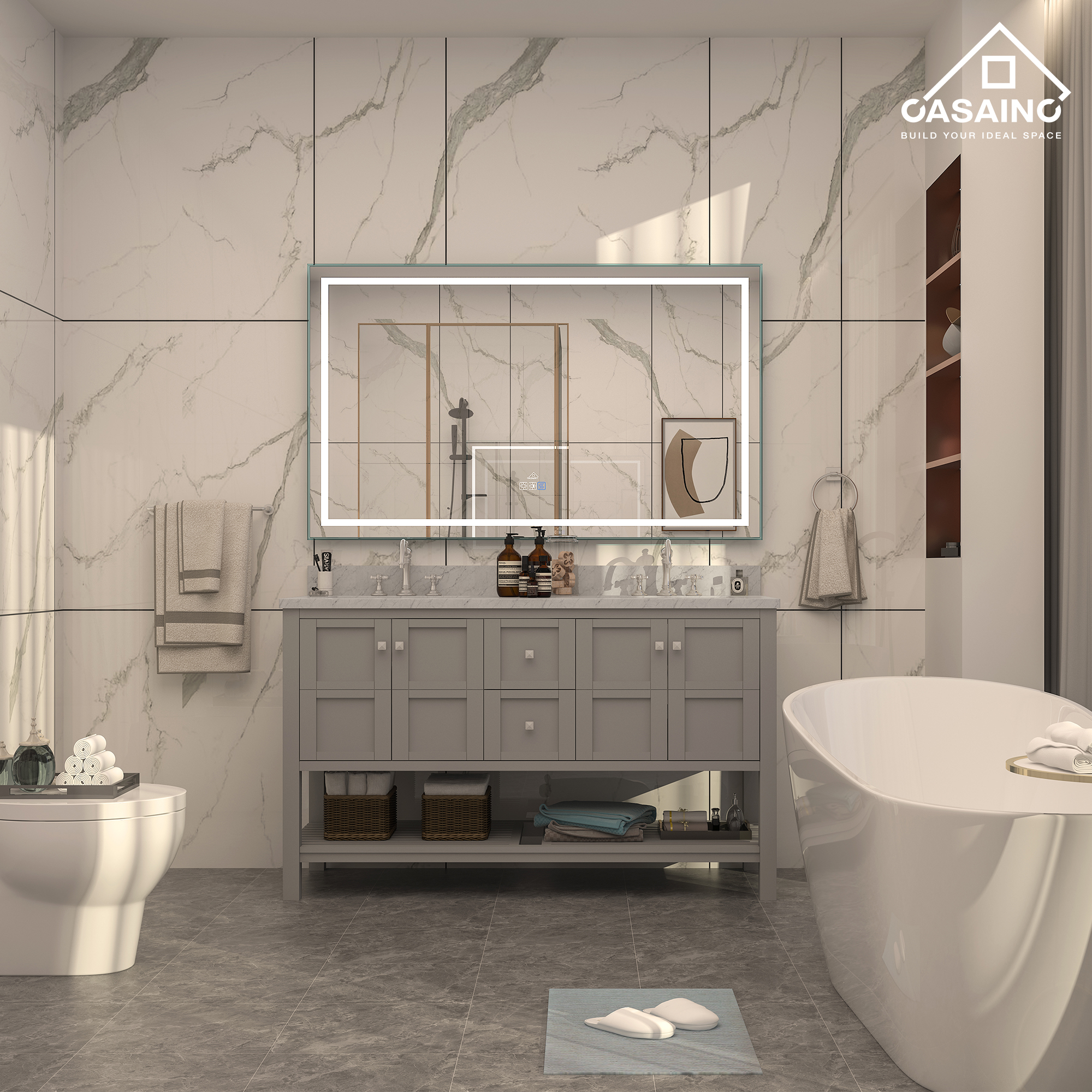 CASAINC Bathroom Vanity 60 x 22 x 35.4 with 1.2" Thickness Countertop & Backsplash, Bothe Side Rectangular Sink, 4 Soft Closing Doors, 2 Dove Tail Drawer Construction, Soft Close Drawer Hinges, Gray, White (With Mirror)