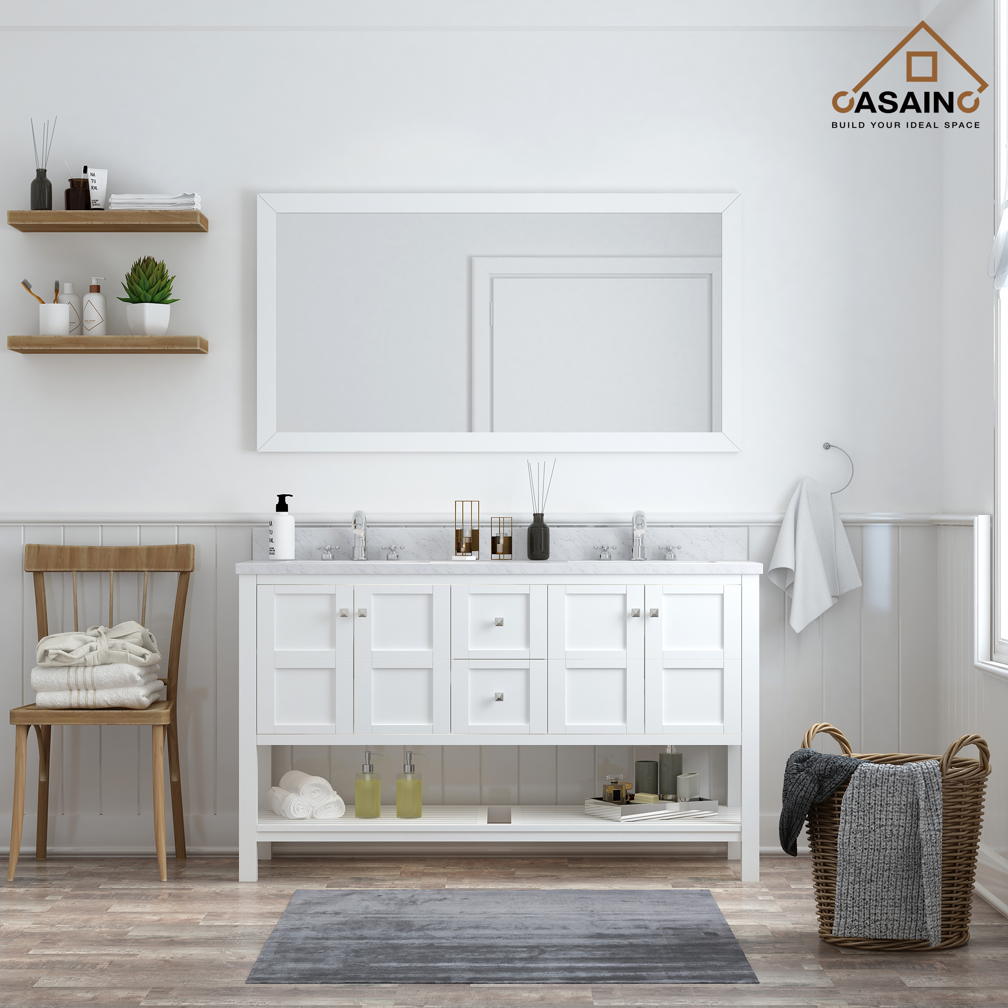 CASAINC Bathroom Vanity 60 x 22 x 35.4 with 1.2" Thickness Countertop & Backsplash, Bothe Side Rectangular Sink, 4 Soft Closing Doors, 2 Dove Tail Drawer Construction, Soft Close Drawer Hinges, Gray, White (With Mirror)