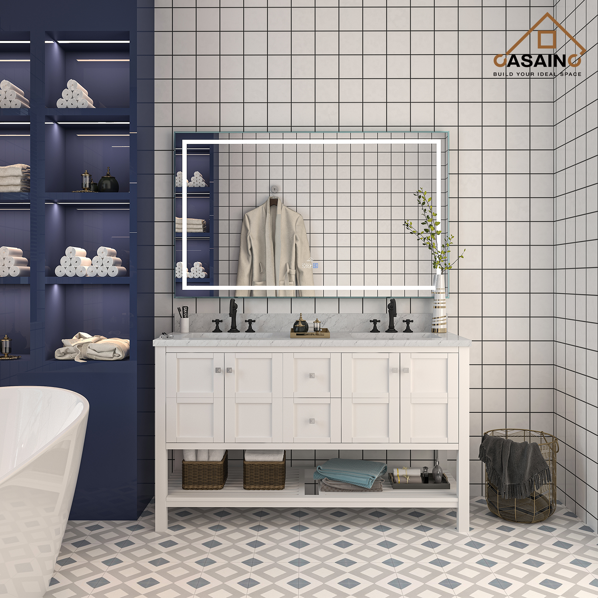 CASAINC Bathroom Vanity 60 x 22 x 35.4 with 1.2" Thickness Countertop & Backsplash, Bothe Side Rectangular Sink, 4 Soft Closing Doors, 2 Dove Tail Drawer Construction, Soft Close Drawer Hinges, Gray, White (With Mirror)