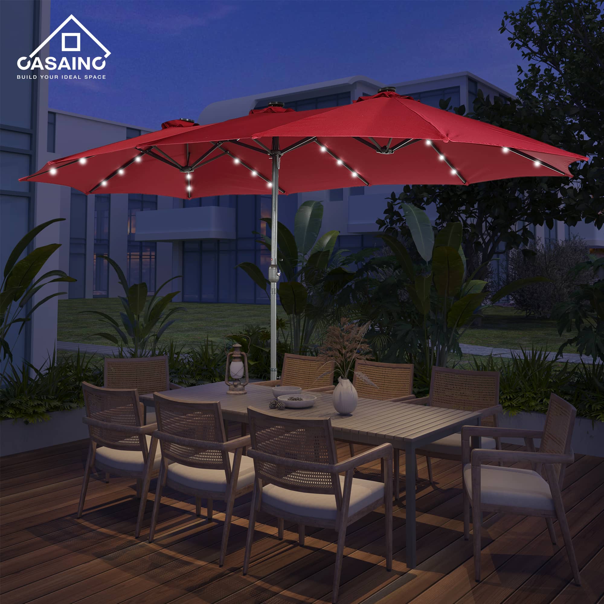 15ft Patio Market Umbrella with Base and Solar Light-CASAINC  patio umbrella with lights