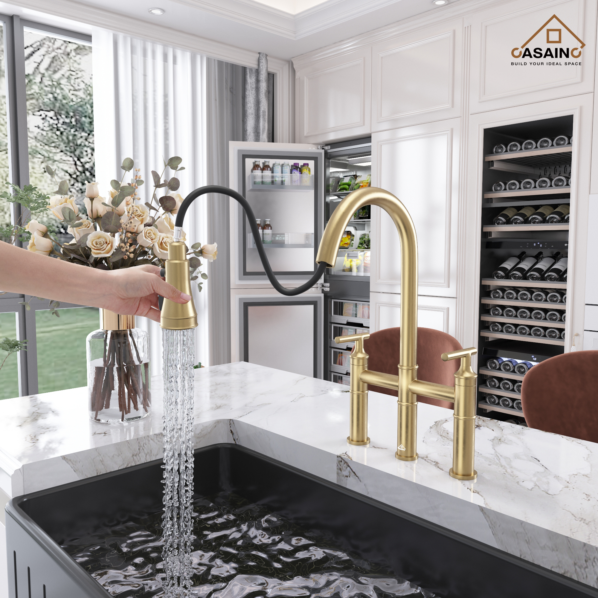 Pull-Down Bridge Kitchen Faucet in Matte Black/Brushed Nickel/Brushed Gold