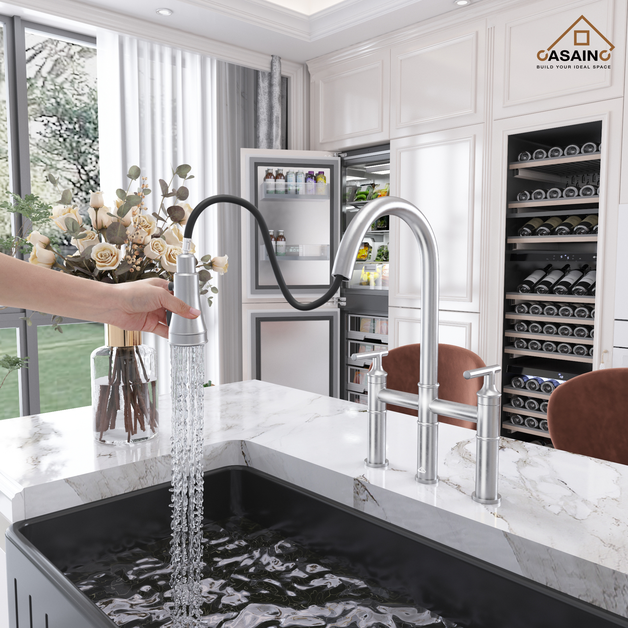 Pull-Down Bridge Kitchen Faucet in Matte Black/Brushed Nickel/Brushed Gold