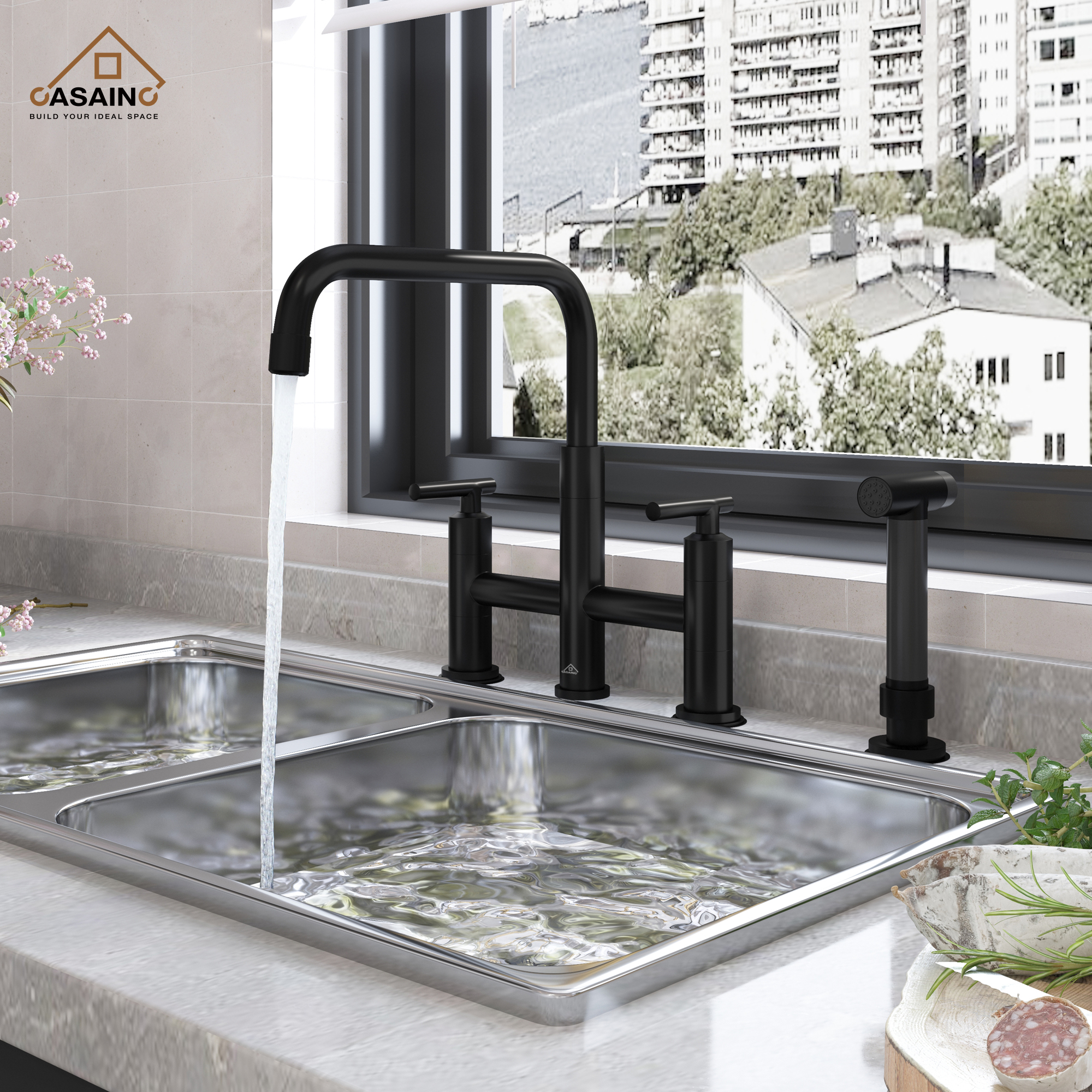 2-Handle Bridge Kitchen Faucet with Pull-Out Side Sprayer in Matte Black/Brushed Nickel/Brushed Gold