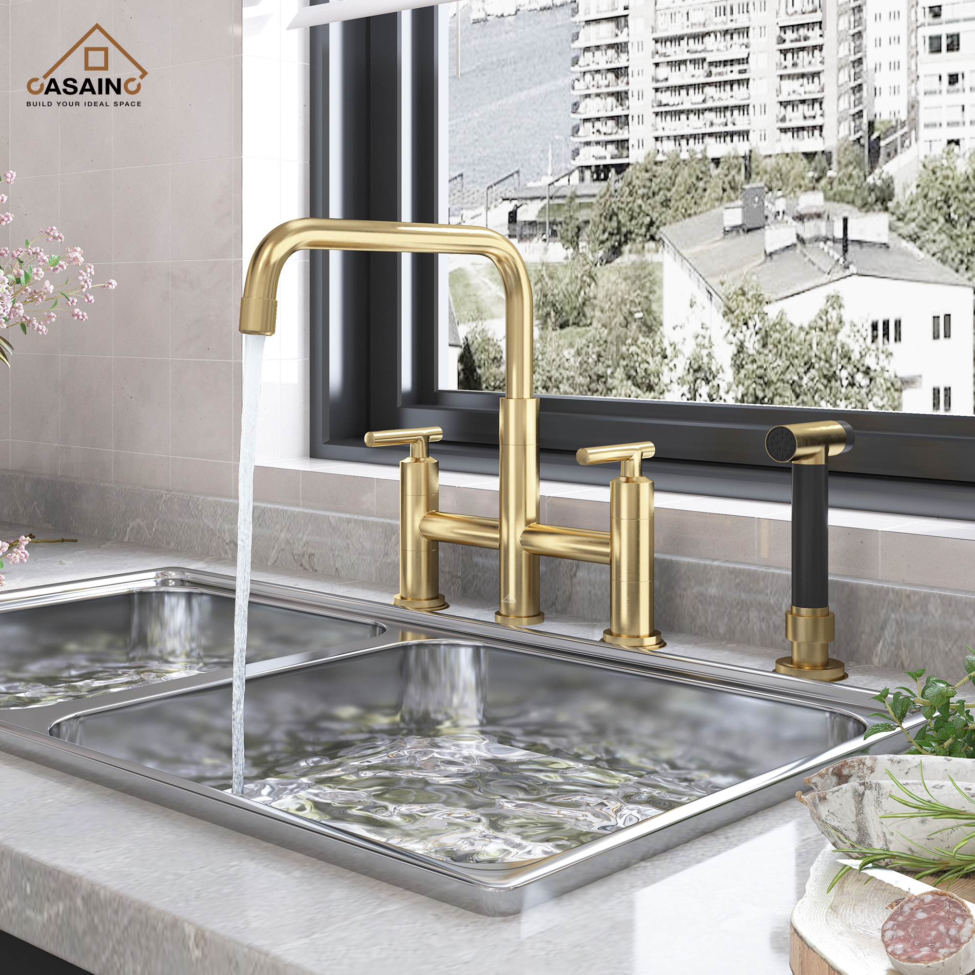 2-Handle Bridge Kitchen Faucet with Pull-Out Side Sprayer in Matte Black/Brushed Nickel/Brushed Gold