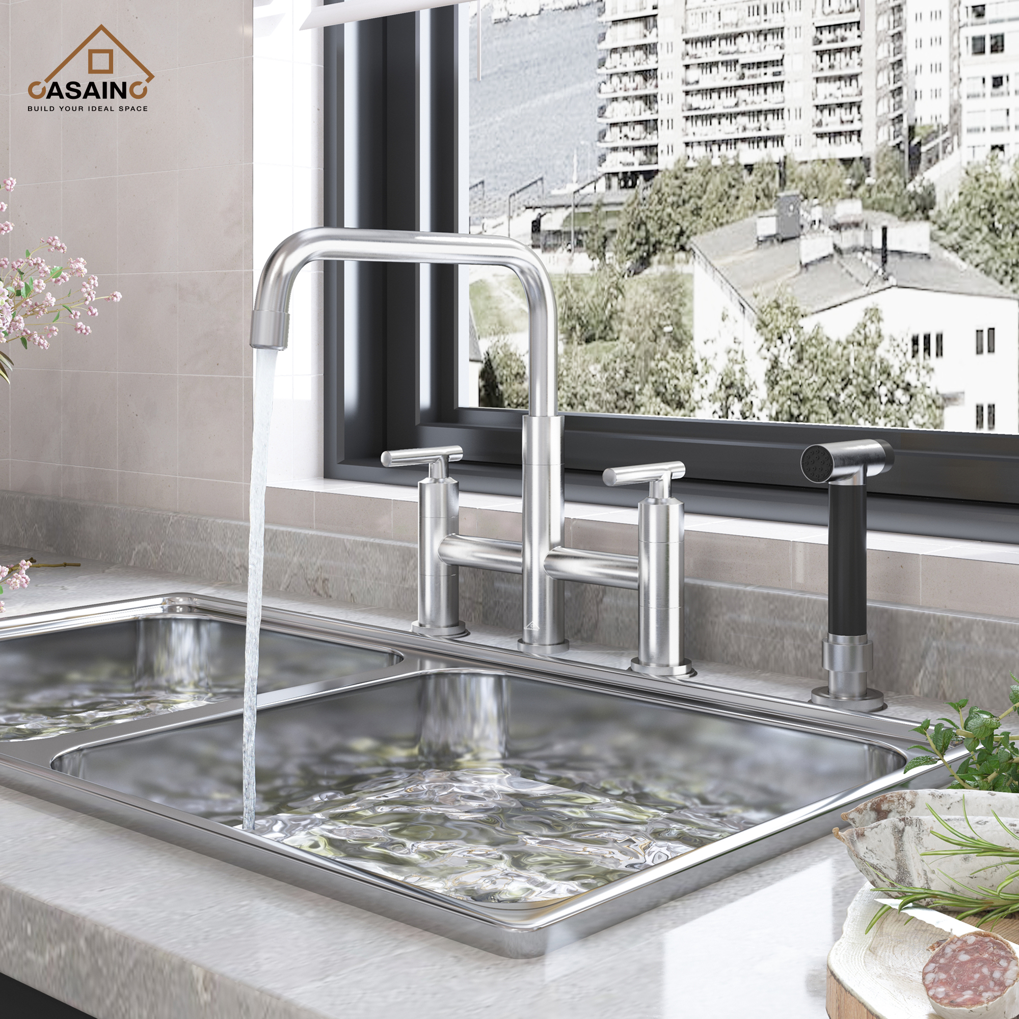 2-Handle Bridge Kitchen Faucet with Pull-Out Side Sprayer in Matte Black/Brushed Nickel/Brushed Gold