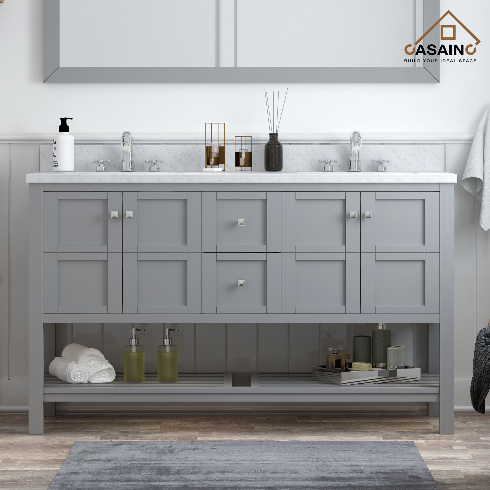 CASAINC Bathroom Vanity 60 x 22 x 35.4 with 1.2" Thickness Countertop & Backsplash, Bothe Side Rectangular Sink, 4 Soft Closing Doors, 2 Dove Tail Drawer Construction, Soft Close Drawer Hinges, Gray, White (With Mirror)