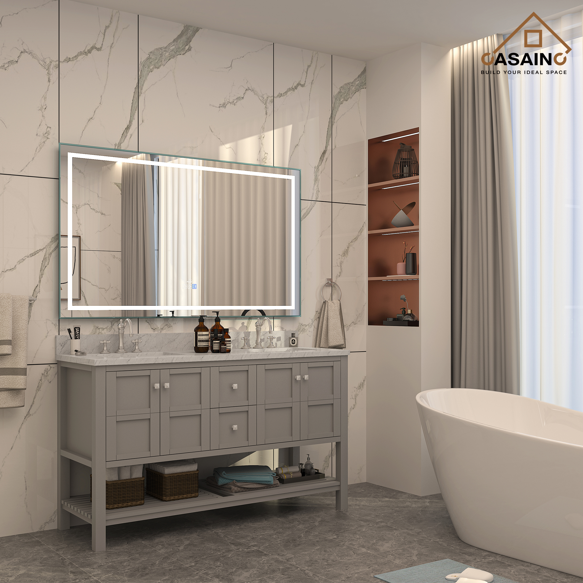 CASAINC Bathroom Vanity 60 x 22 x 35.4 with 1.2" Thickness Countertop & Backsplash, Bothe Side Rectangular Sink, 4 Soft Closing Doors, 2 Dove Tail Drawer Construction, Soft Close Drawer Hinges, Gray, White (With Mirror)