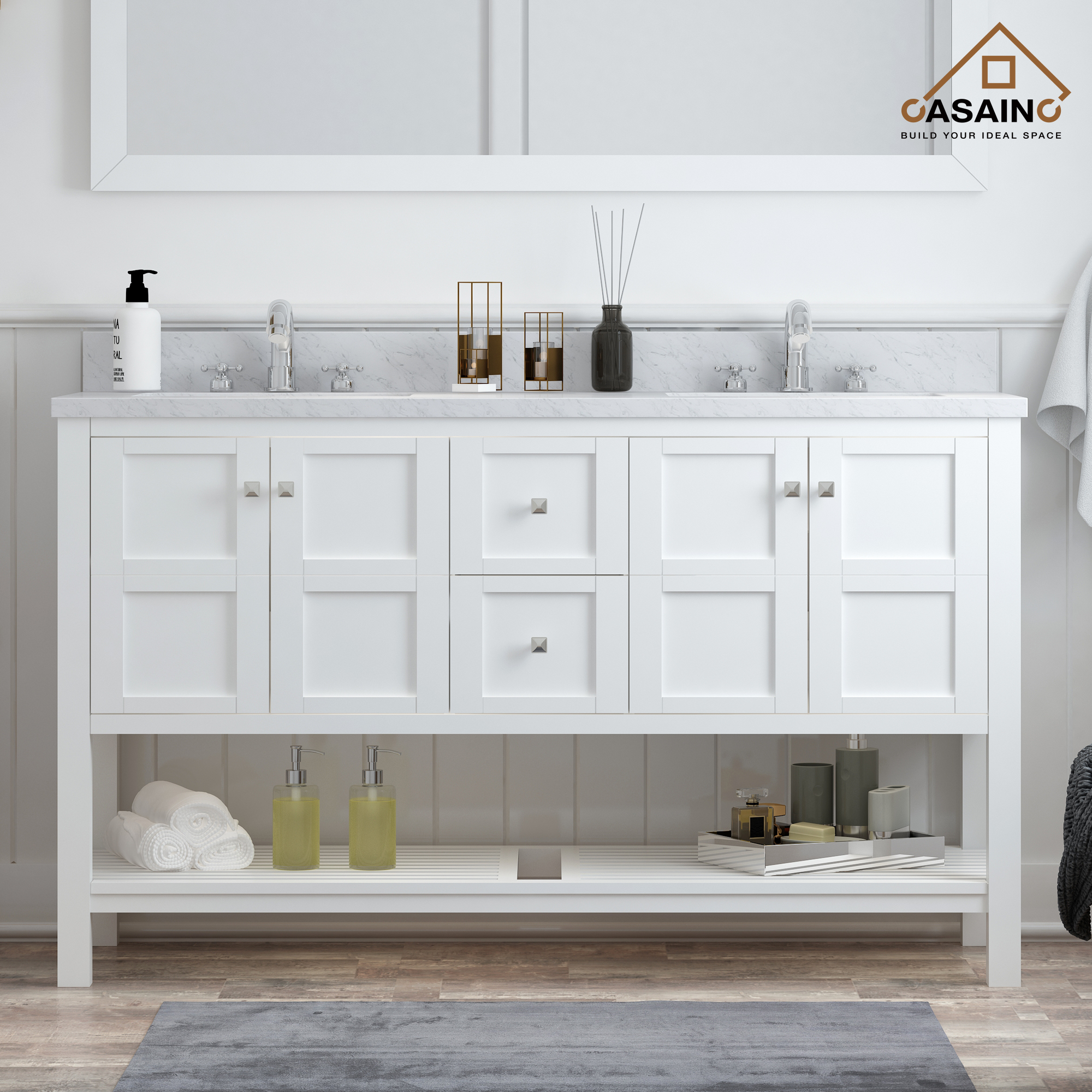 CASAINC Bathroom Vanity 60 x 22 x 35.4 with 1.2" Thickness Countertop & Backsplash, Bothe Side Rectangular Sink, 4 Soft Closing Doors, 2 Dove Tail Drawer Construction, Soft Close Drawer Hinges, Gray, White (With Mirror)