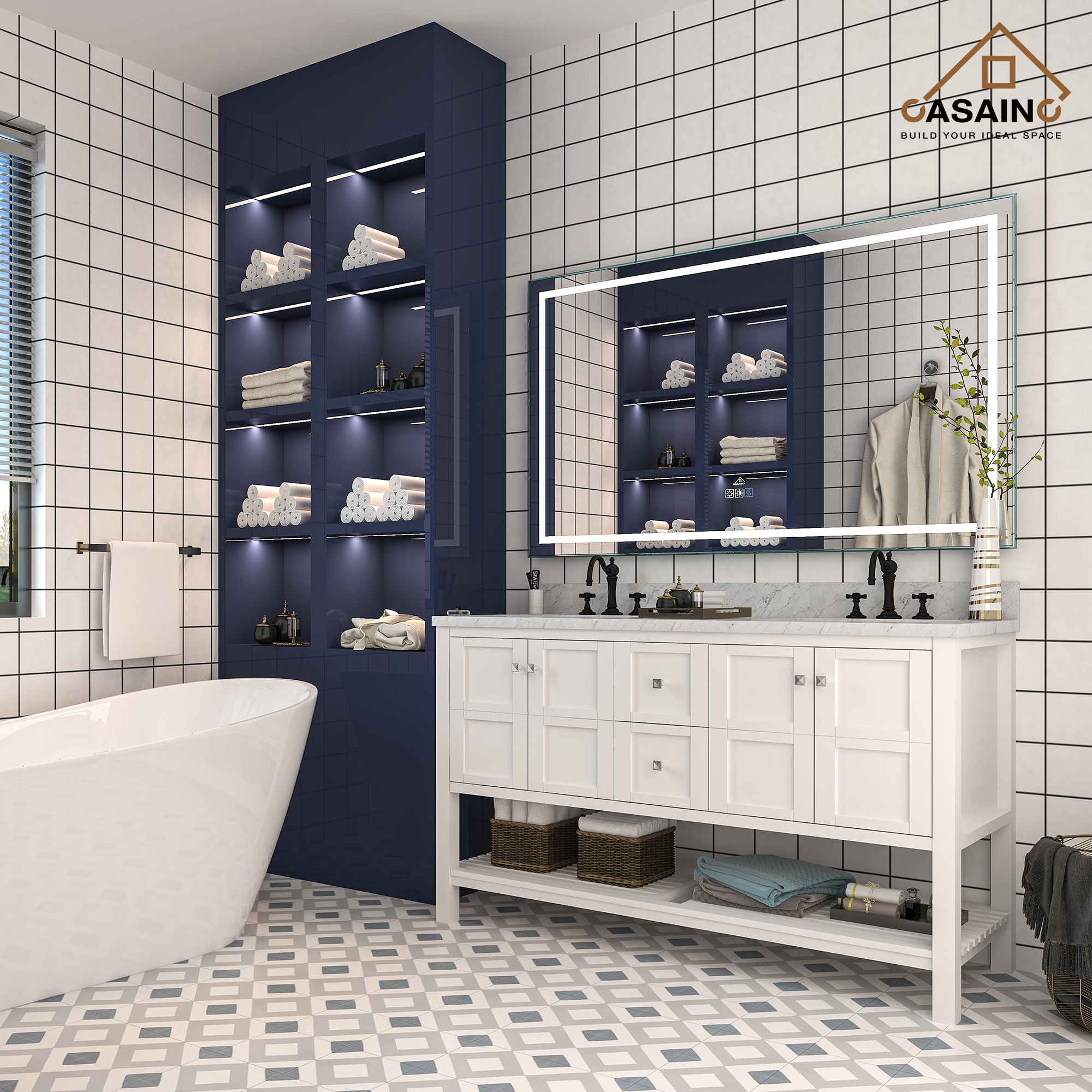 CASAINC Bathroom Vanity 60 x 22 x 35.4 with 1.2" Thickness Countertop & Backsplash, Bothe Side Rectangular Sink, 4 Soft Closing Doors, 2 Dove Tail Drawer Construction, Soft Close Drawer Hinges, Gray, White (With Mirror)