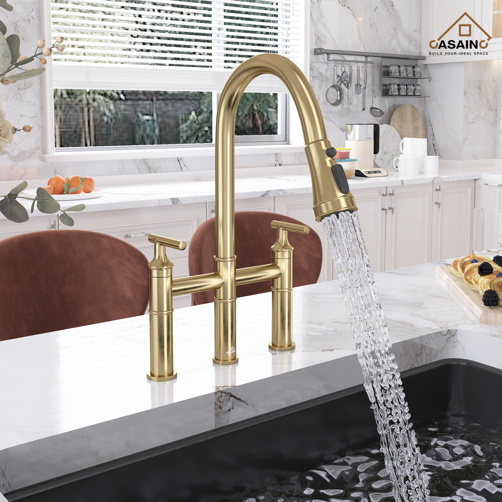 Pull-Down Bridge Kitchen Faucet in Matte Black/Brushed Nickel/Brushed Gold