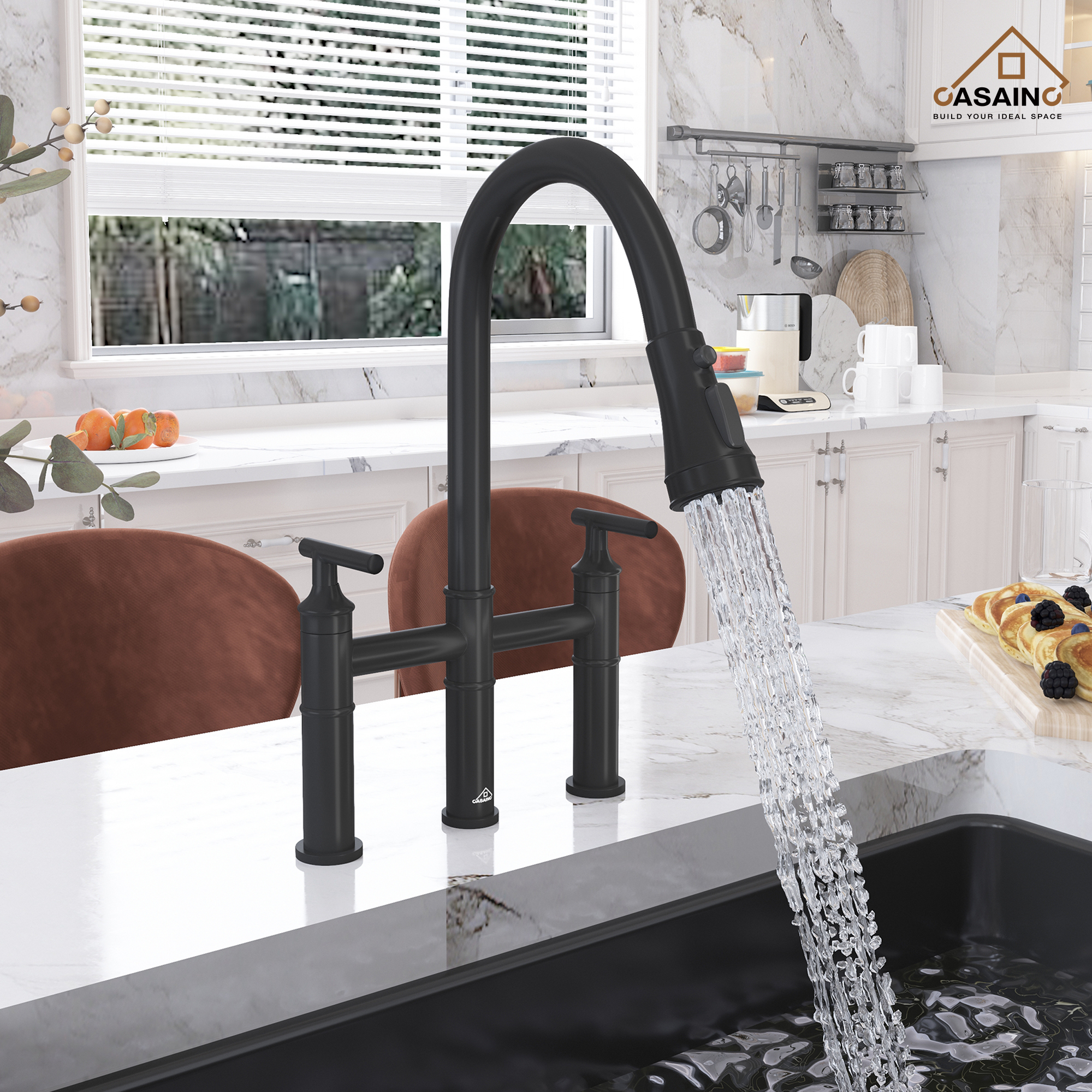 Pull-Down Bridge Kitchen Faucet in Matte Black/Brushed Nickel/Brushed Gold