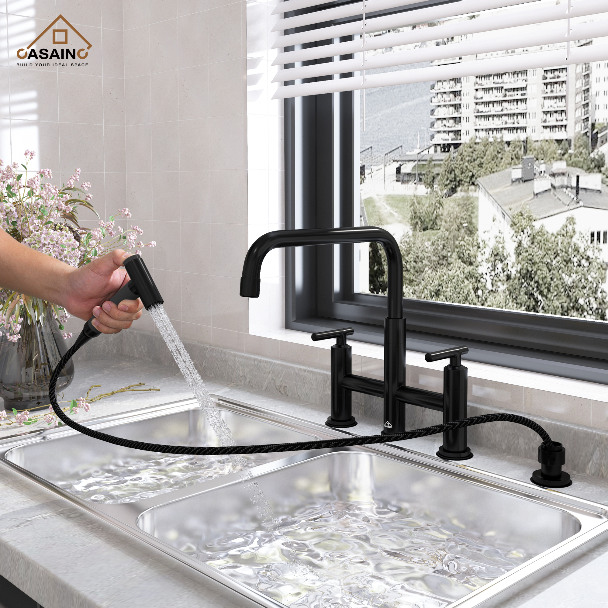 2-Handle Bridge Kitchen Faucet with Pull-Out Side Sprayer in Matte Black/Brushed Nickel/Brushed Gold