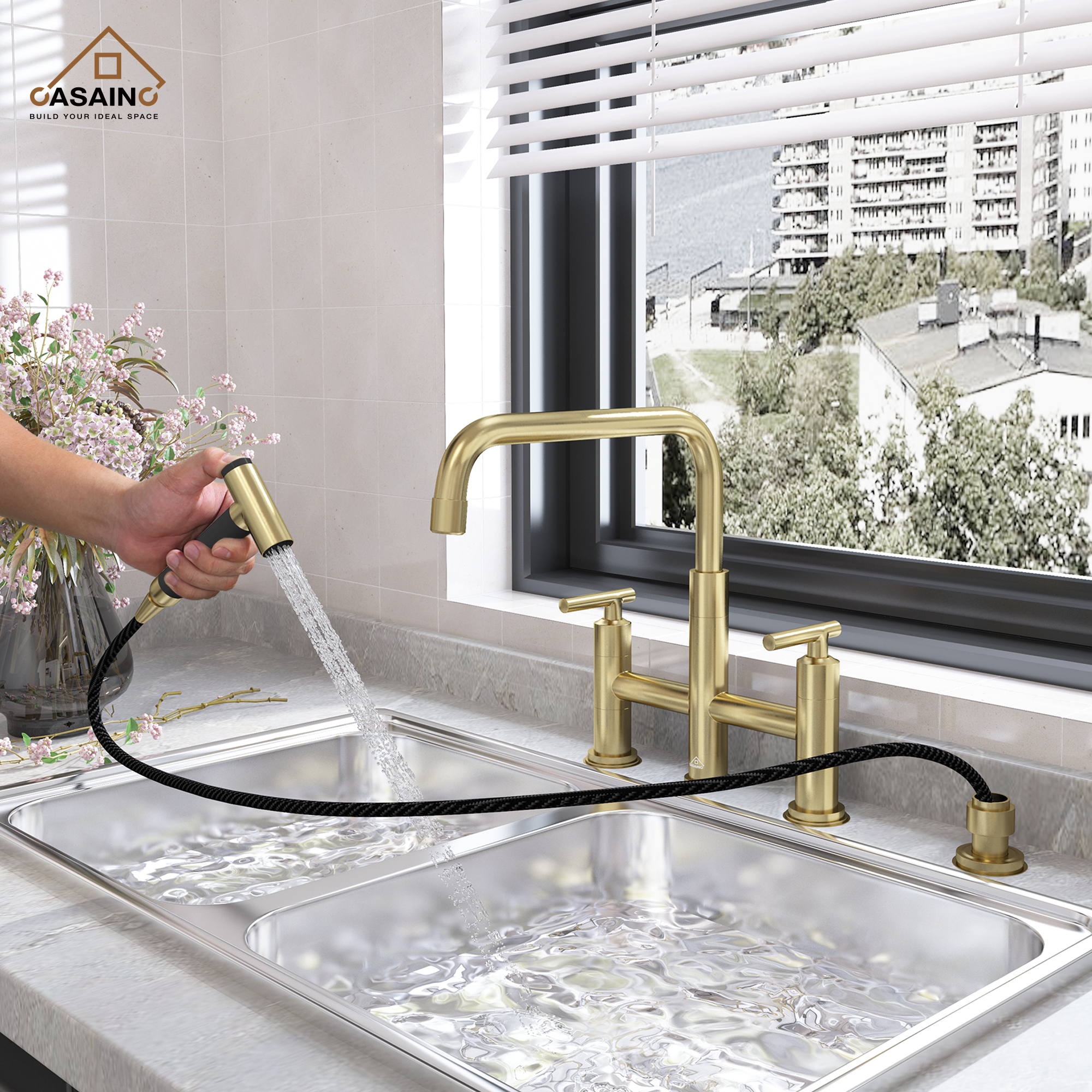 2-Handle Bridge Kitchen Faucet with Pull-Out Side Sprayer in Matte Black/Brushed Nickel/Brushed Gold