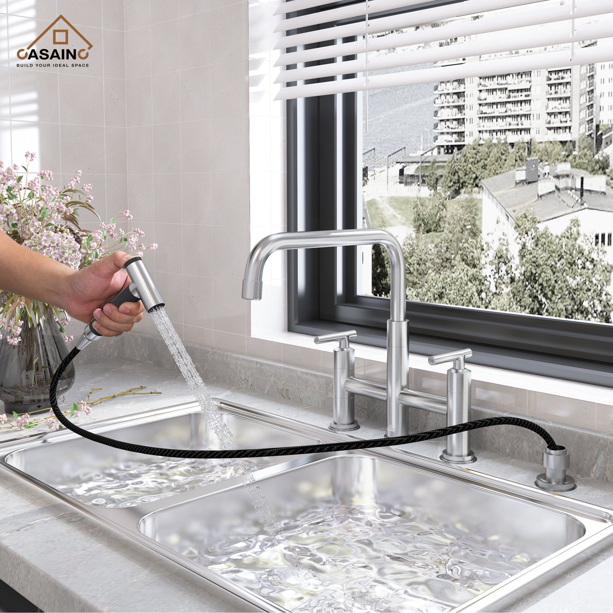 2-Handle Bridge Kitchen Faucet with Pull-Out Side Sprayer in Matte Black/Brushed Nickel/Brushed Gold