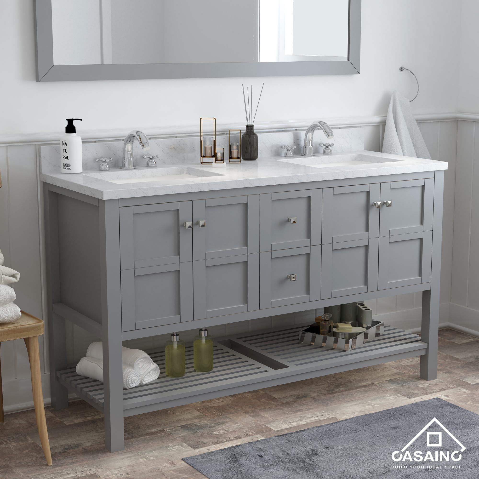 CASAINC Bathroom Vanity 60 x 22 x 35.4 with 1.2" Thickness Countertop & Backsplash, Bothe Side Rectangular Sink, 4 Soft Closing Doors, 2 Dove Tail Drawer Construction, Soft Close Drawer Hinges, Gray, White (With Mirror)